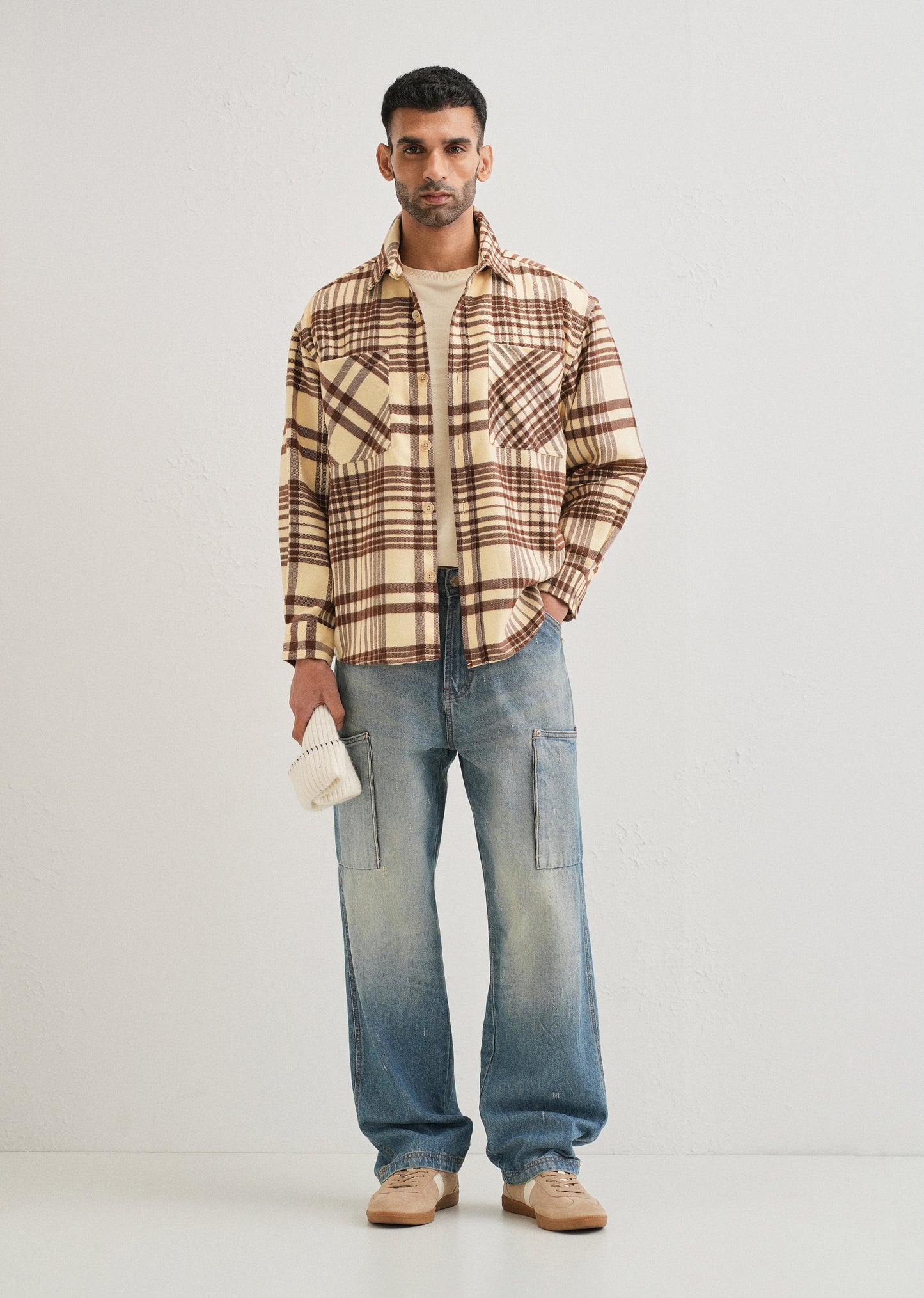 Beige Checked Relaxed Fit Shacket