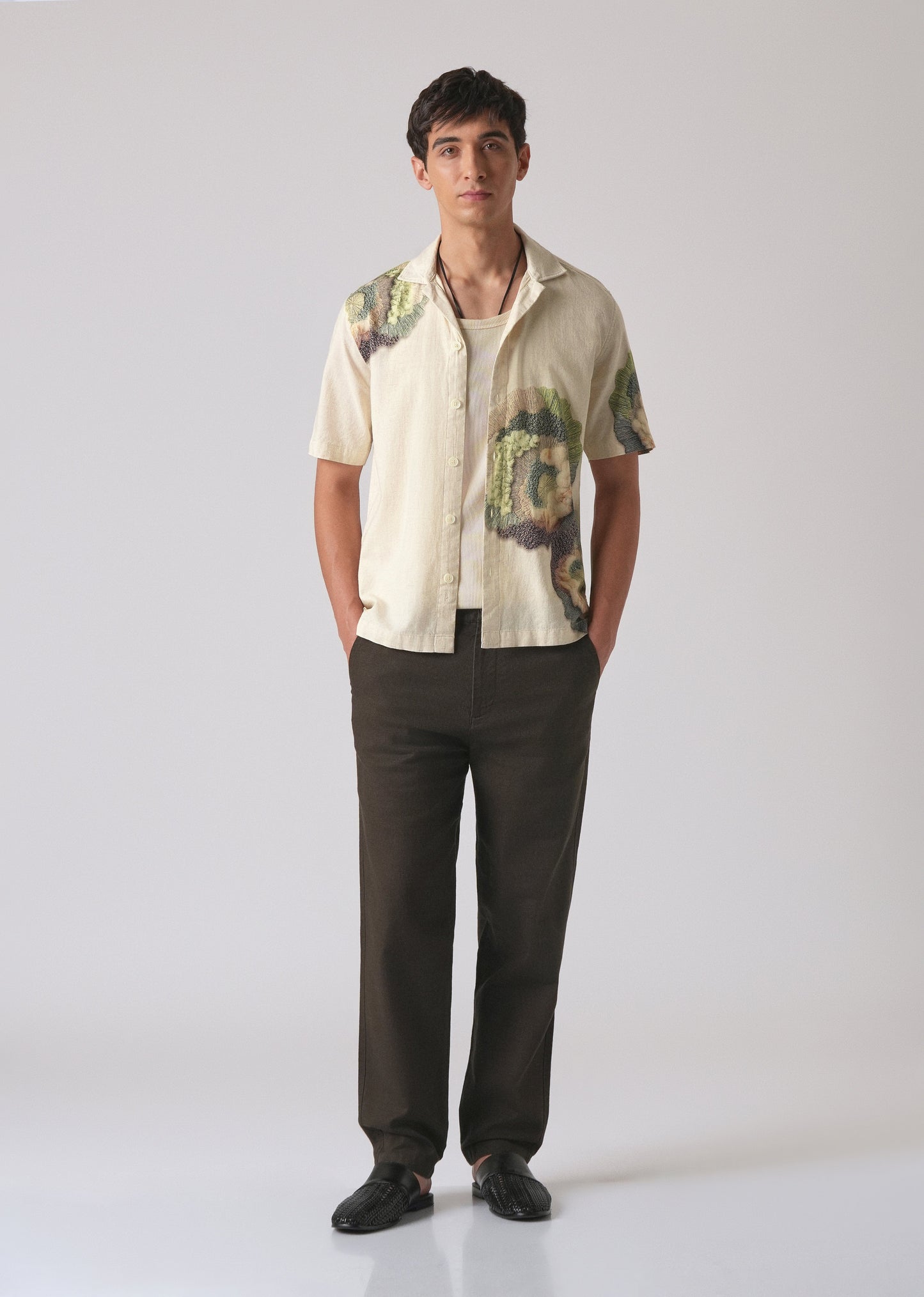 Beige Cotton/Linen Coral Print Shirt