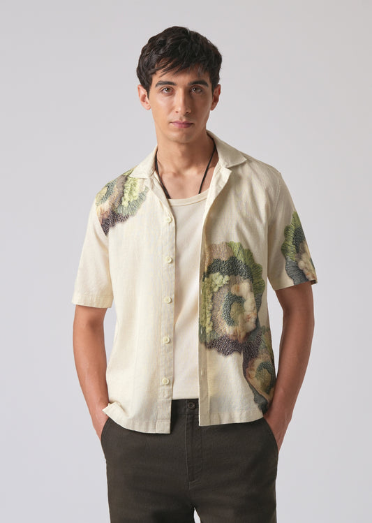 Beige Cotton/Linen Coral Print Shirt