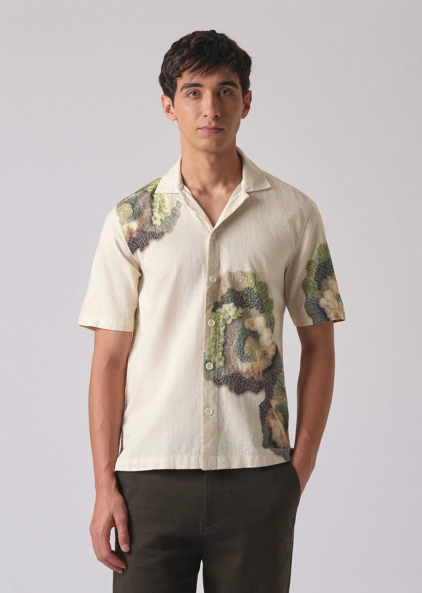 Beige Cotton/Linen Coral Print Shirt