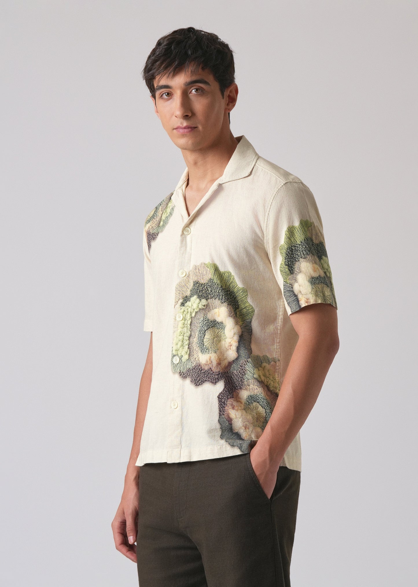 Beige Cotton/Linen Coral Print Shirt