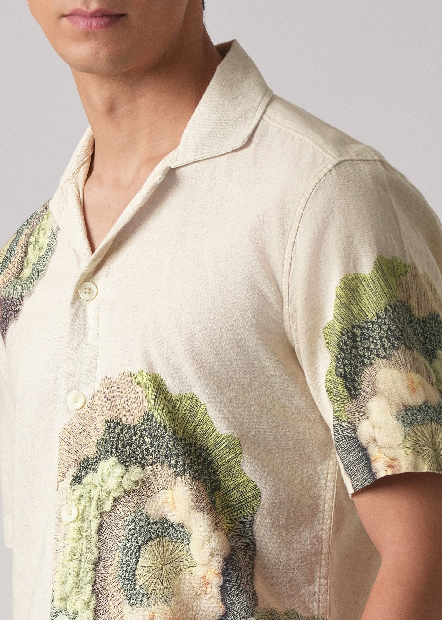 Beige Cotton/Linen Coral Print Shirt