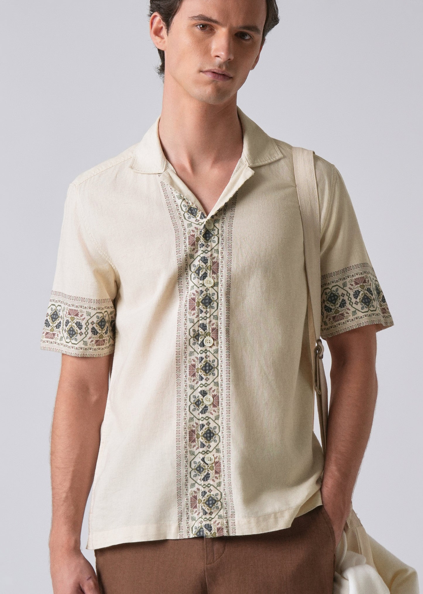 Beige Cotton/Linen Pannel Print Shirt