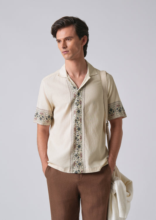 Beige Cotton/Linen Pannel Print Shirt