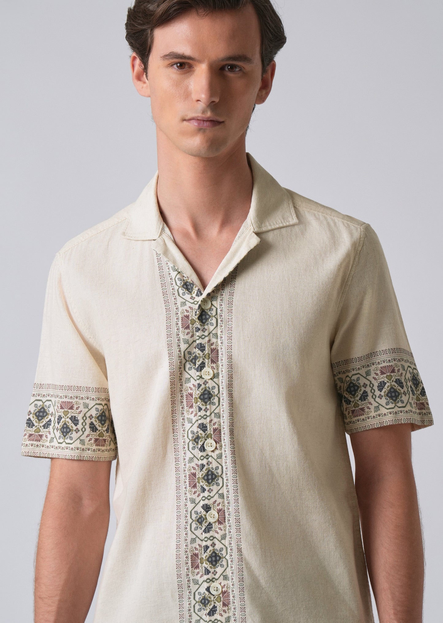 Beige Cotton/Linen Pannel Print Shirt