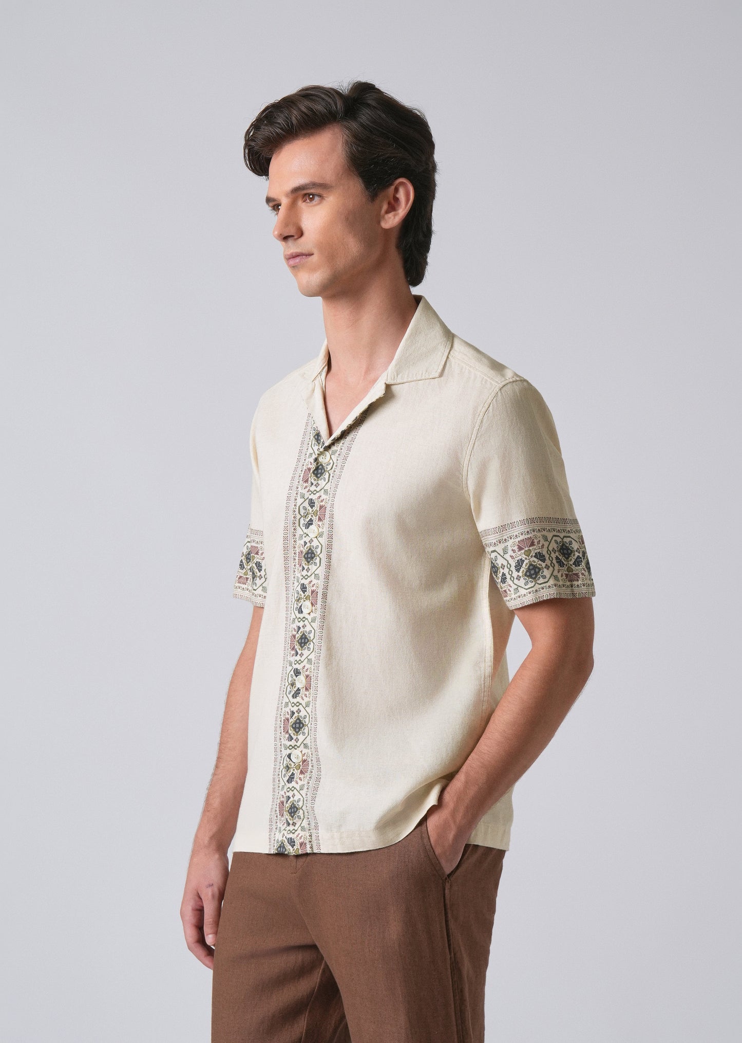 Beige Cotton/Linen Pannel Print Shirt