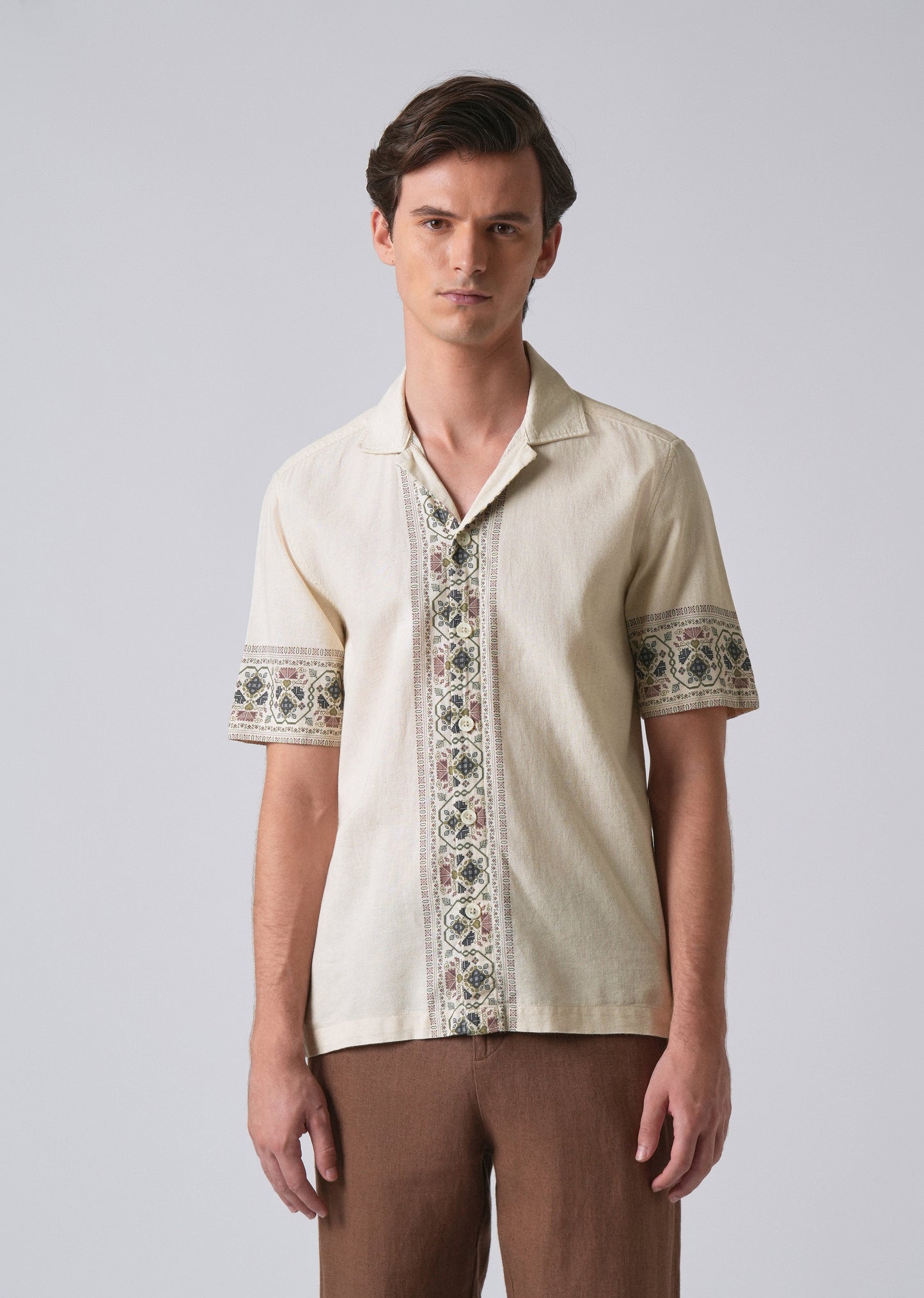 Beige Cotton/Linen Pannel Print Shirt