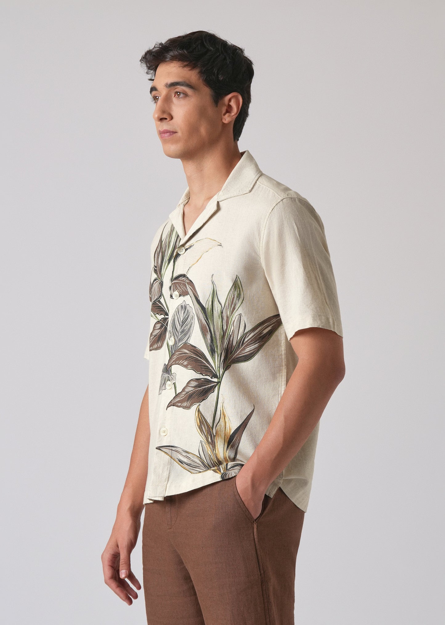Beige Cotton/Linen Floral Print Shirt