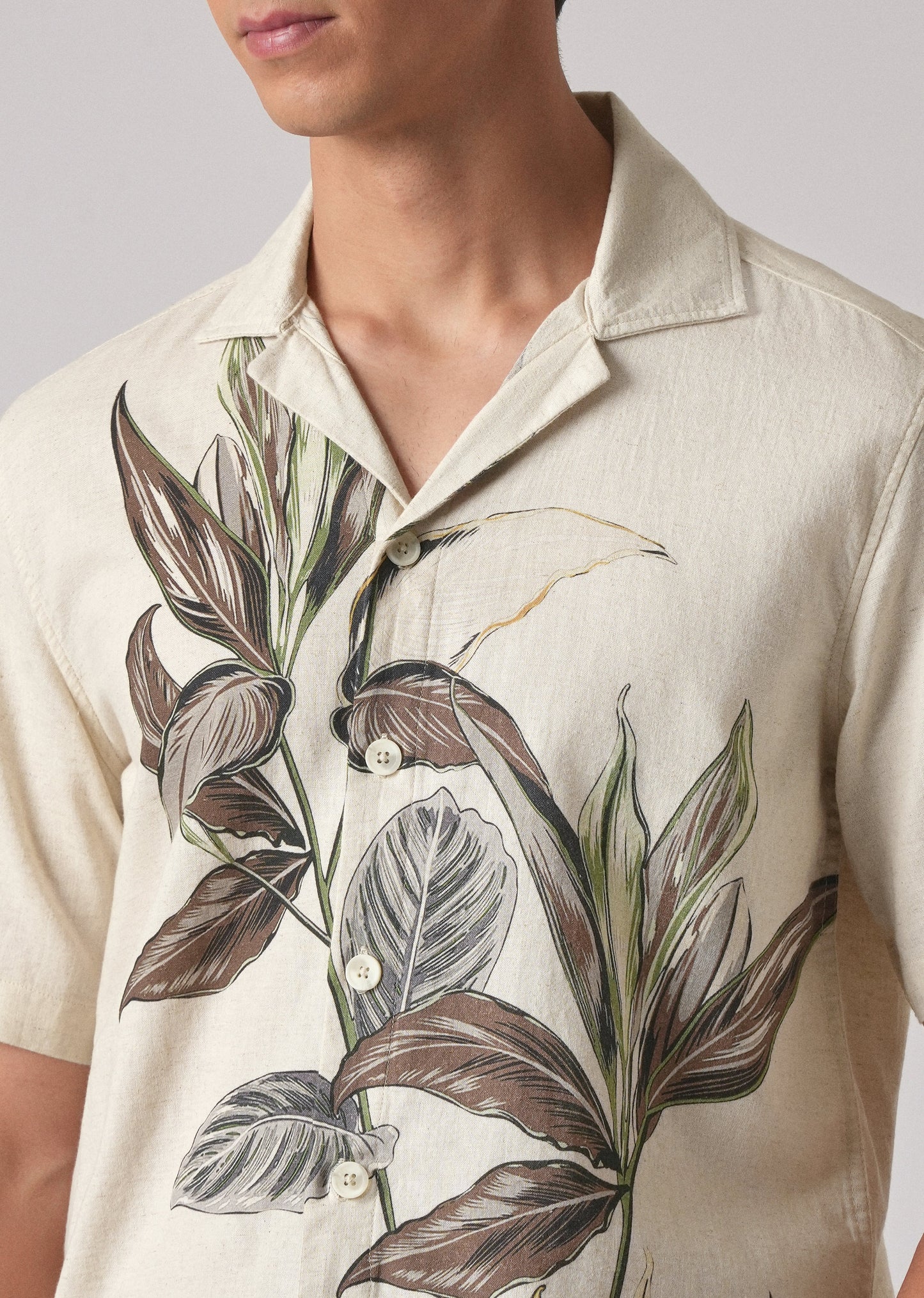 Beige Cotton/Linen Floral Print Shirt