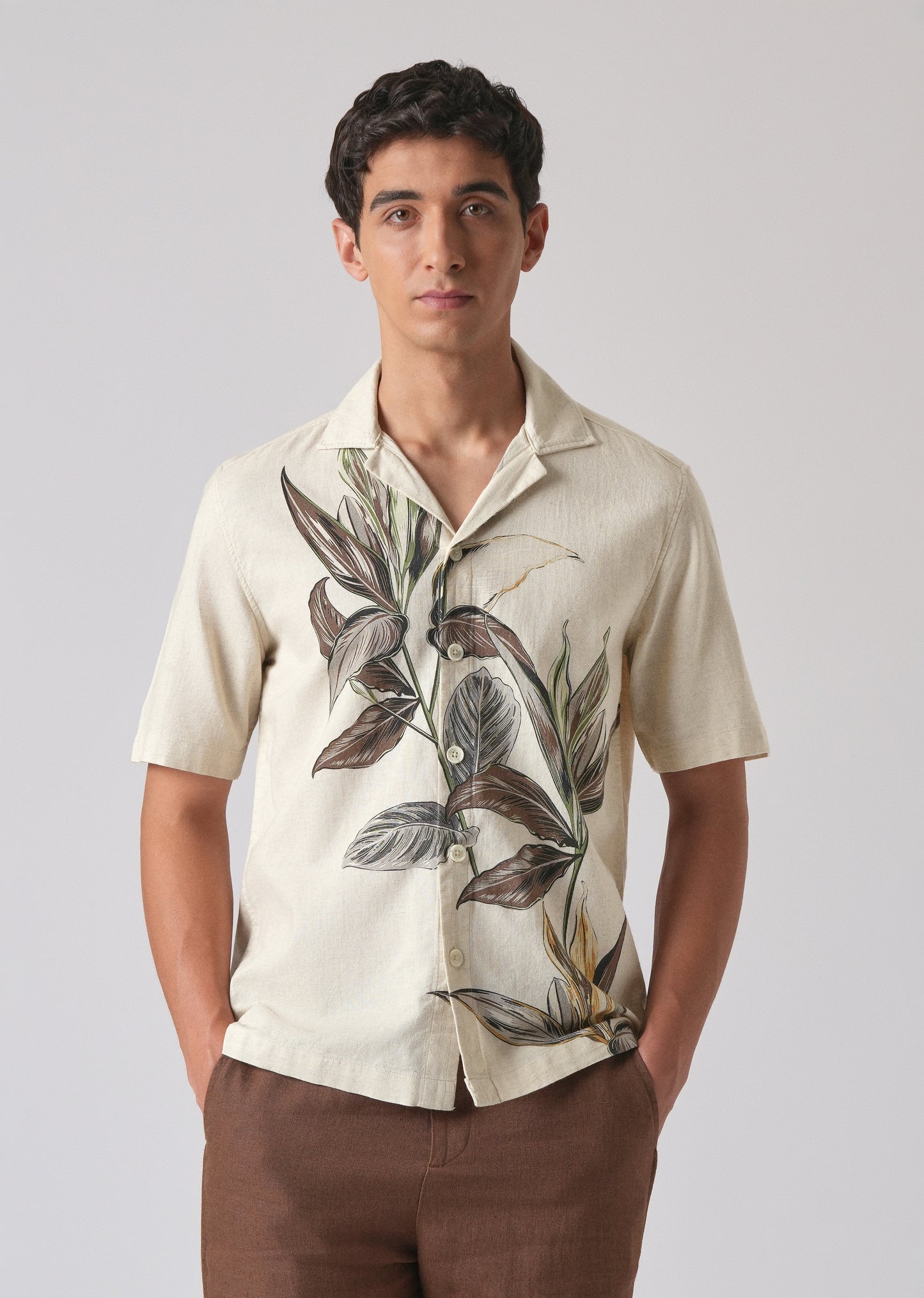 Beige Cotton/Linen Floral Print Shirt