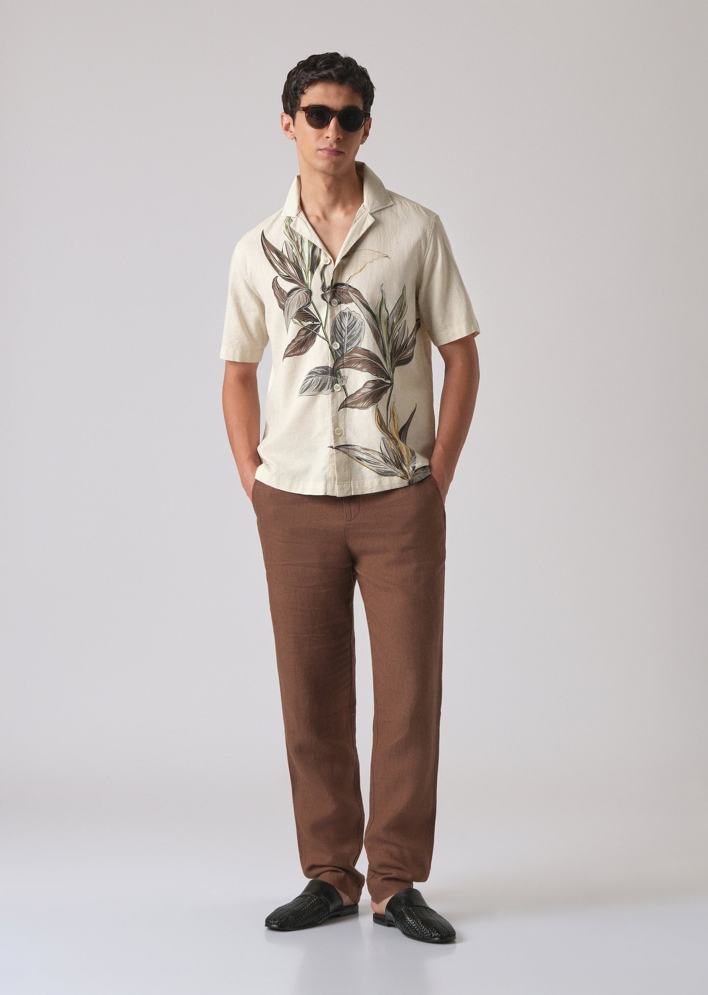 Beige Cotton/Linen Floral Print Shirt