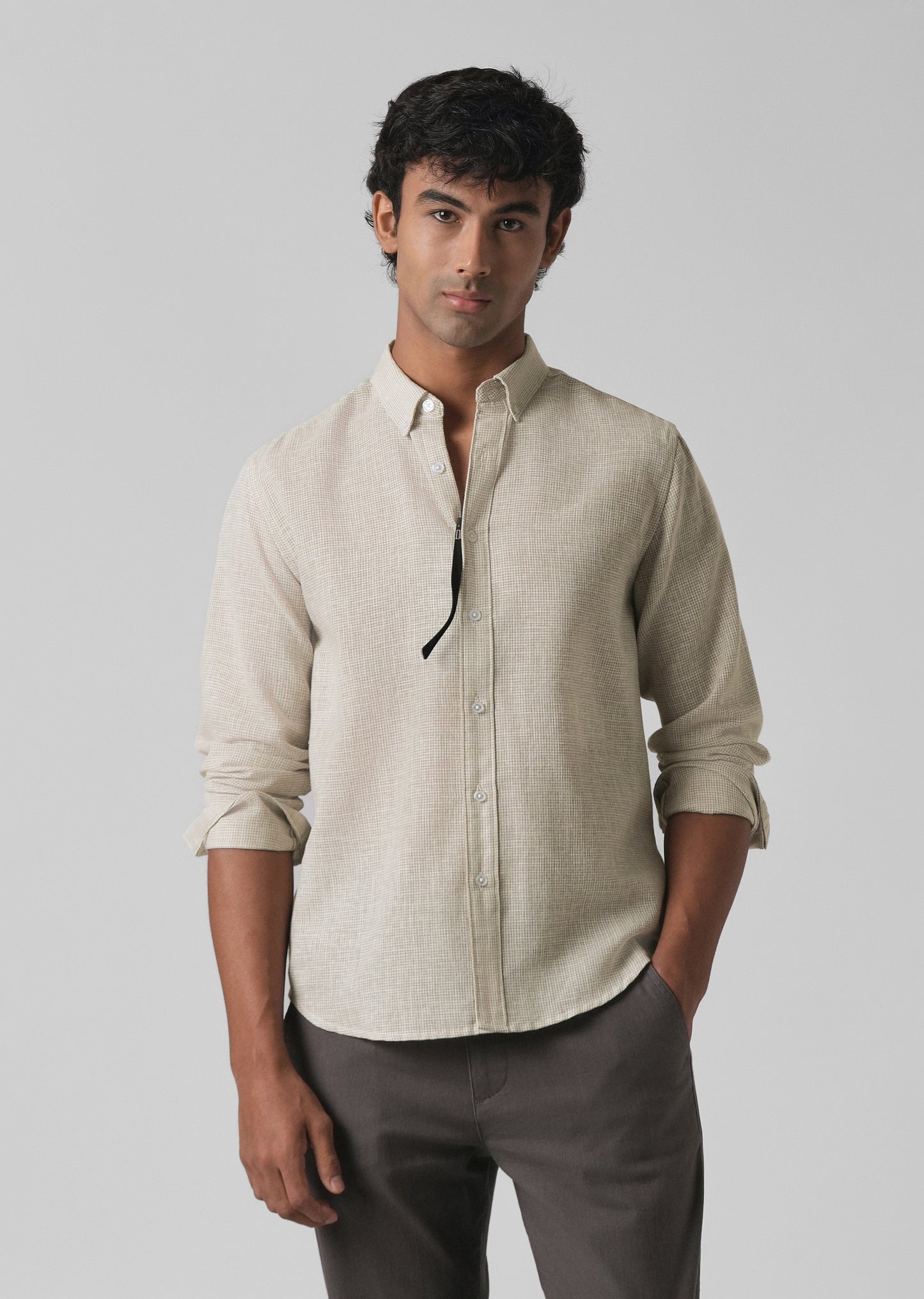 Beige Micro Checks Blended Cotton Shirt