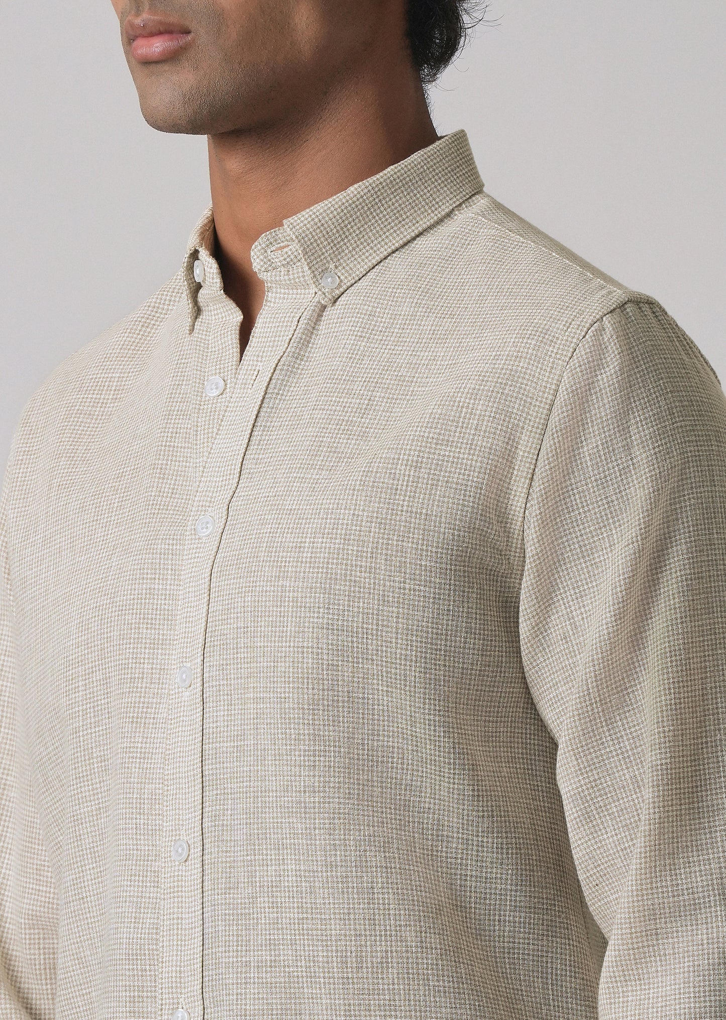 Beige Micro Checks Blended Cotton Shirt