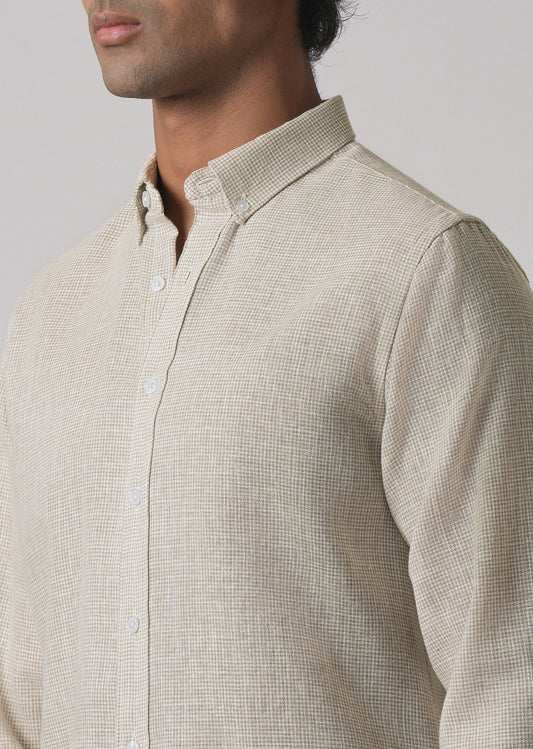 Beige Micro Checks Blended Cotton Shirt