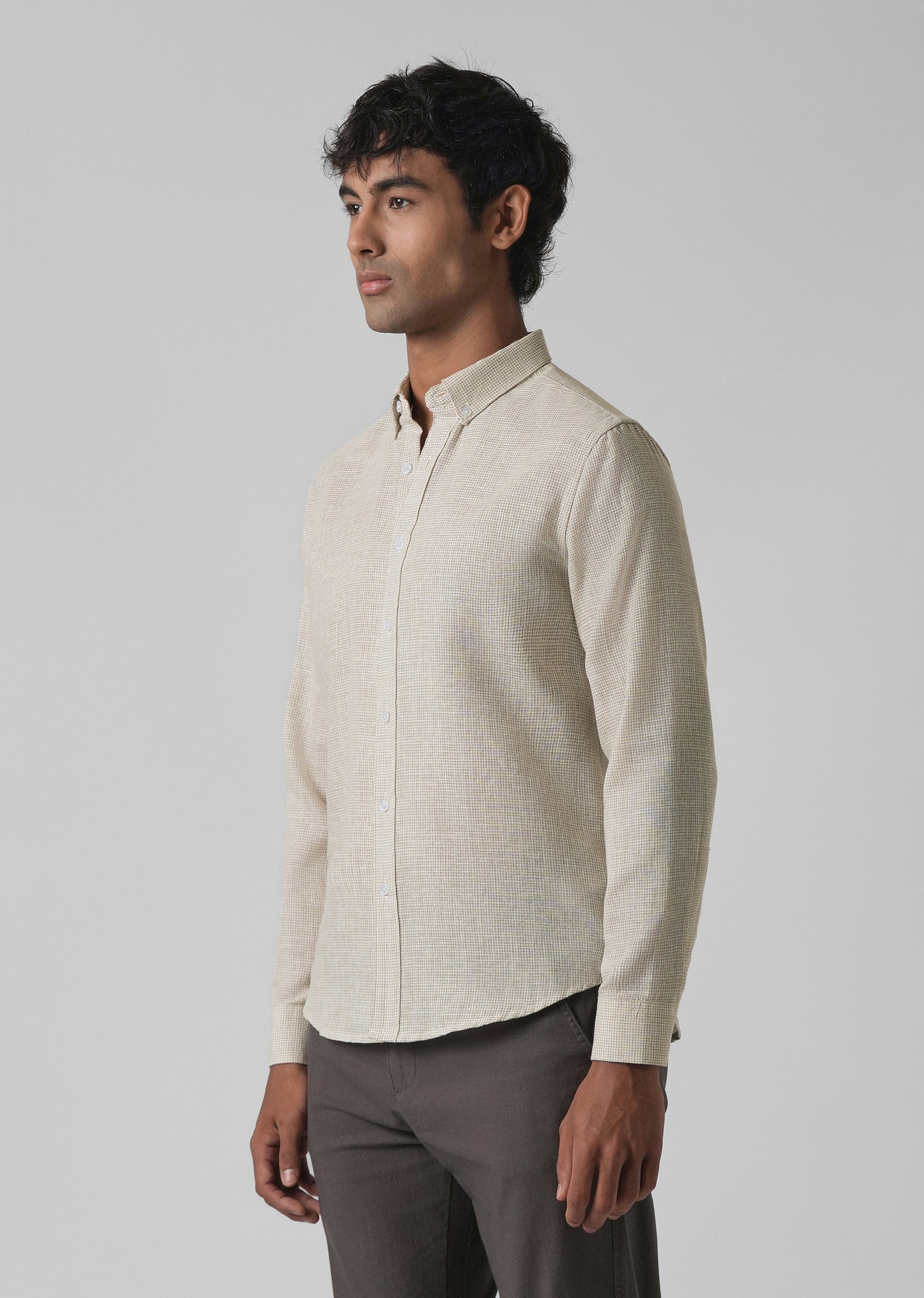 Beige Micro Checks Blended Cotton Shirt