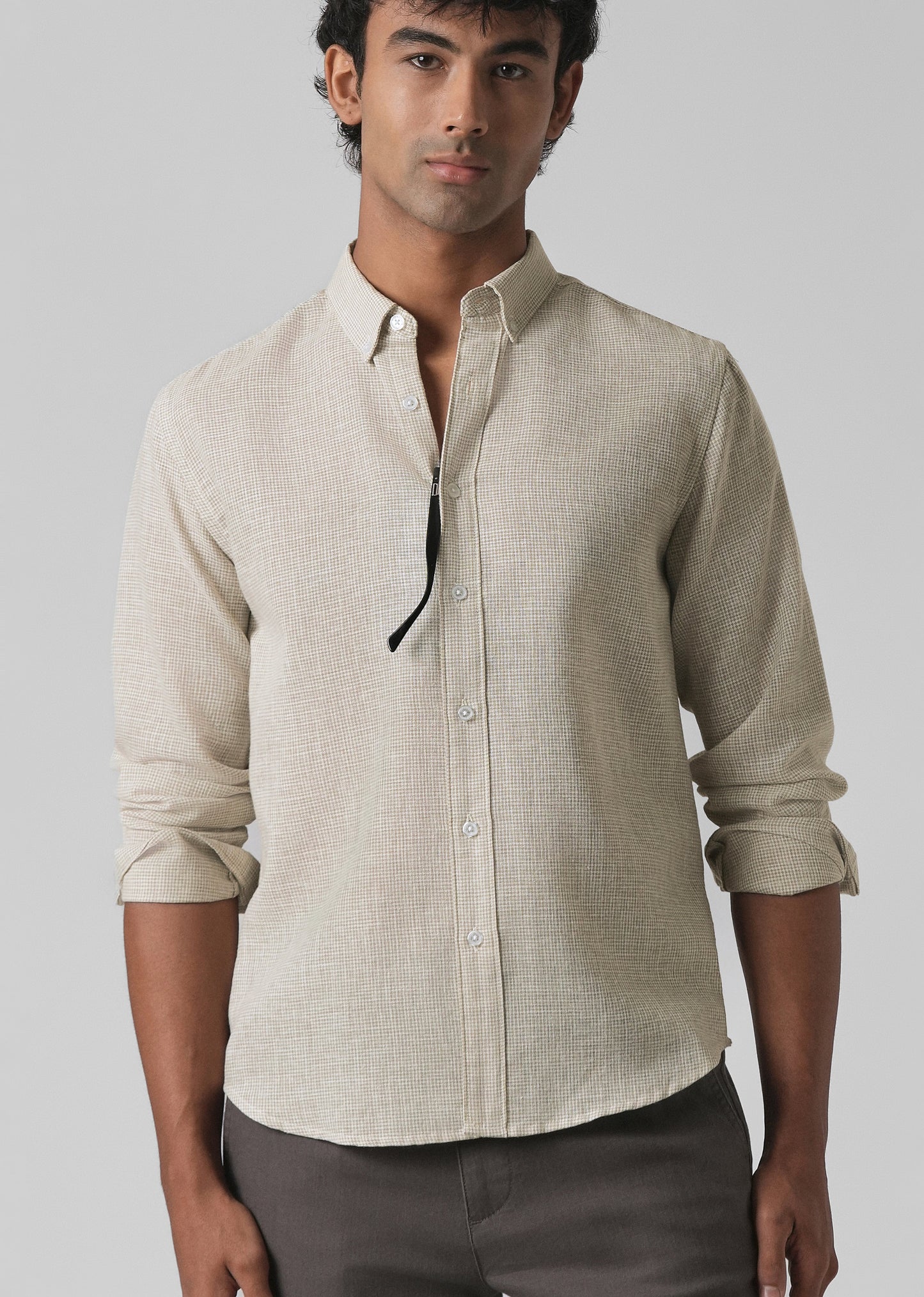 Beige Micro Checks Blended Cotton Shirt