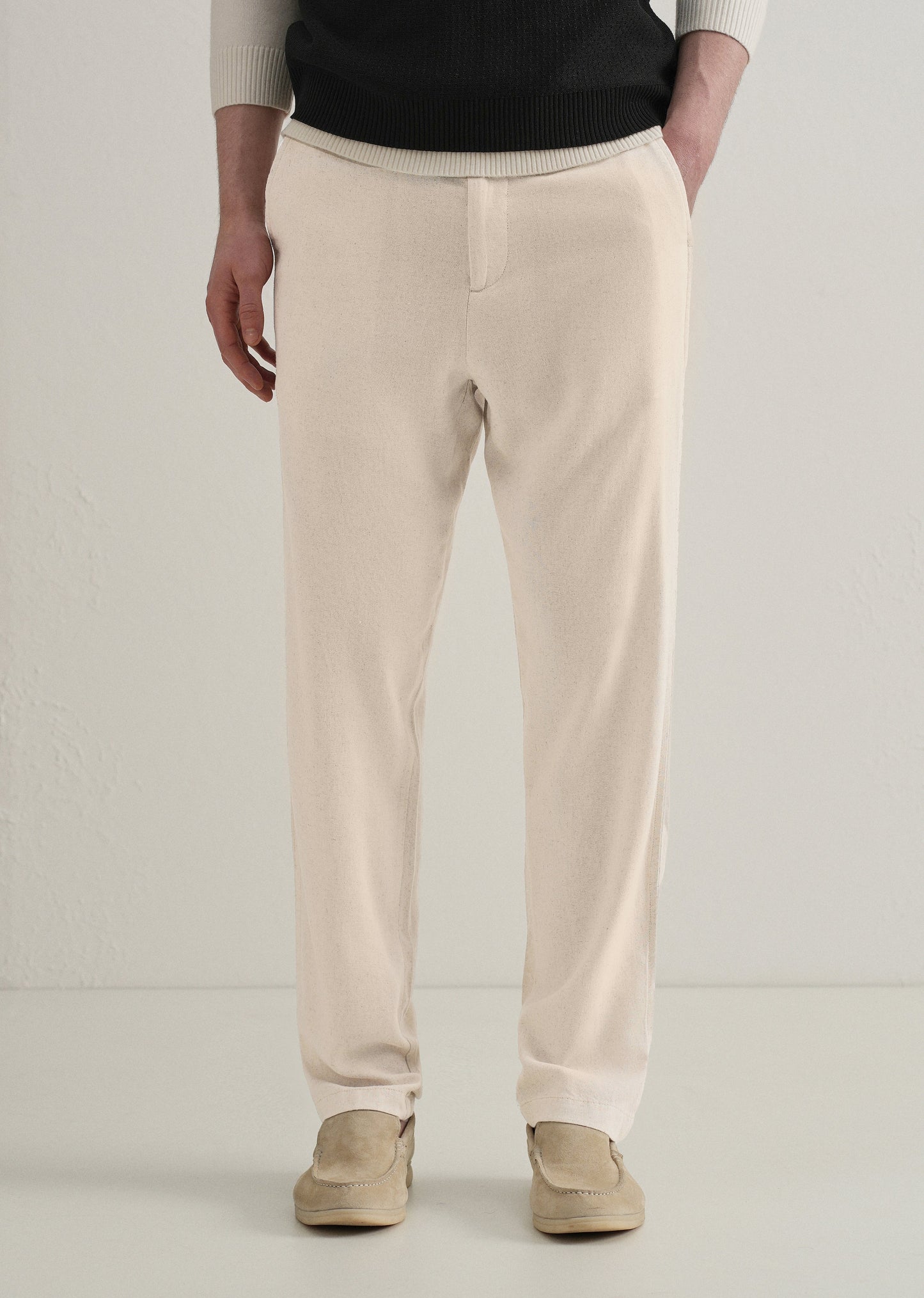 Beige Relaxed Fit Blended Linen Trouser