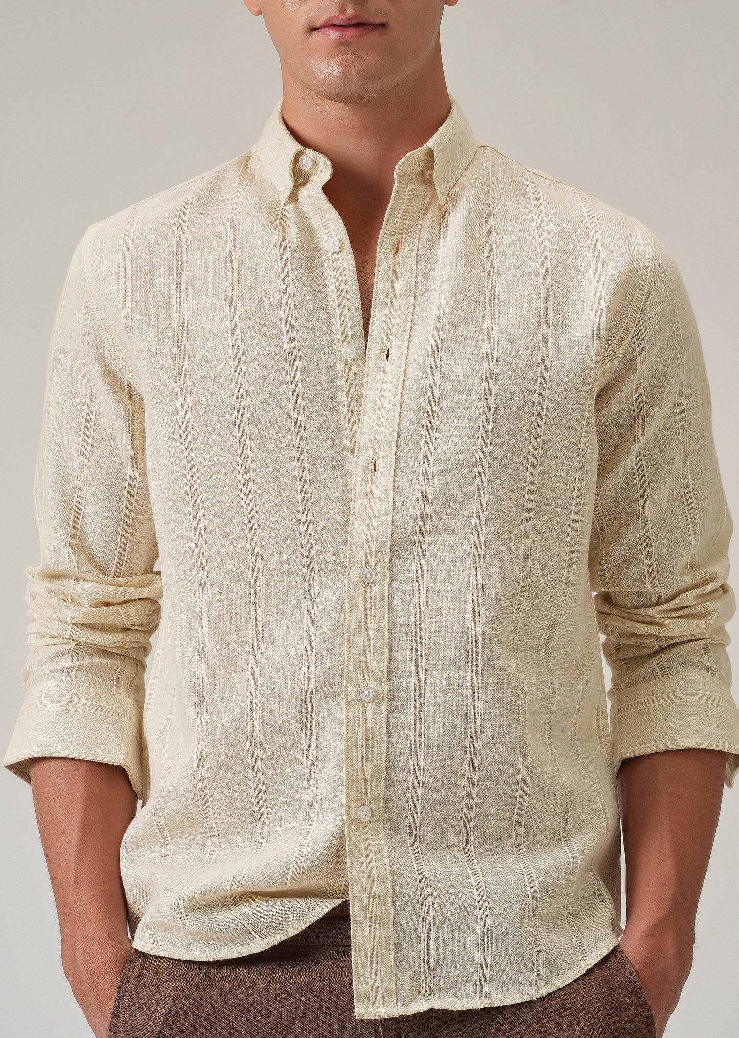 Beige Stripe Blended Linen Shirt