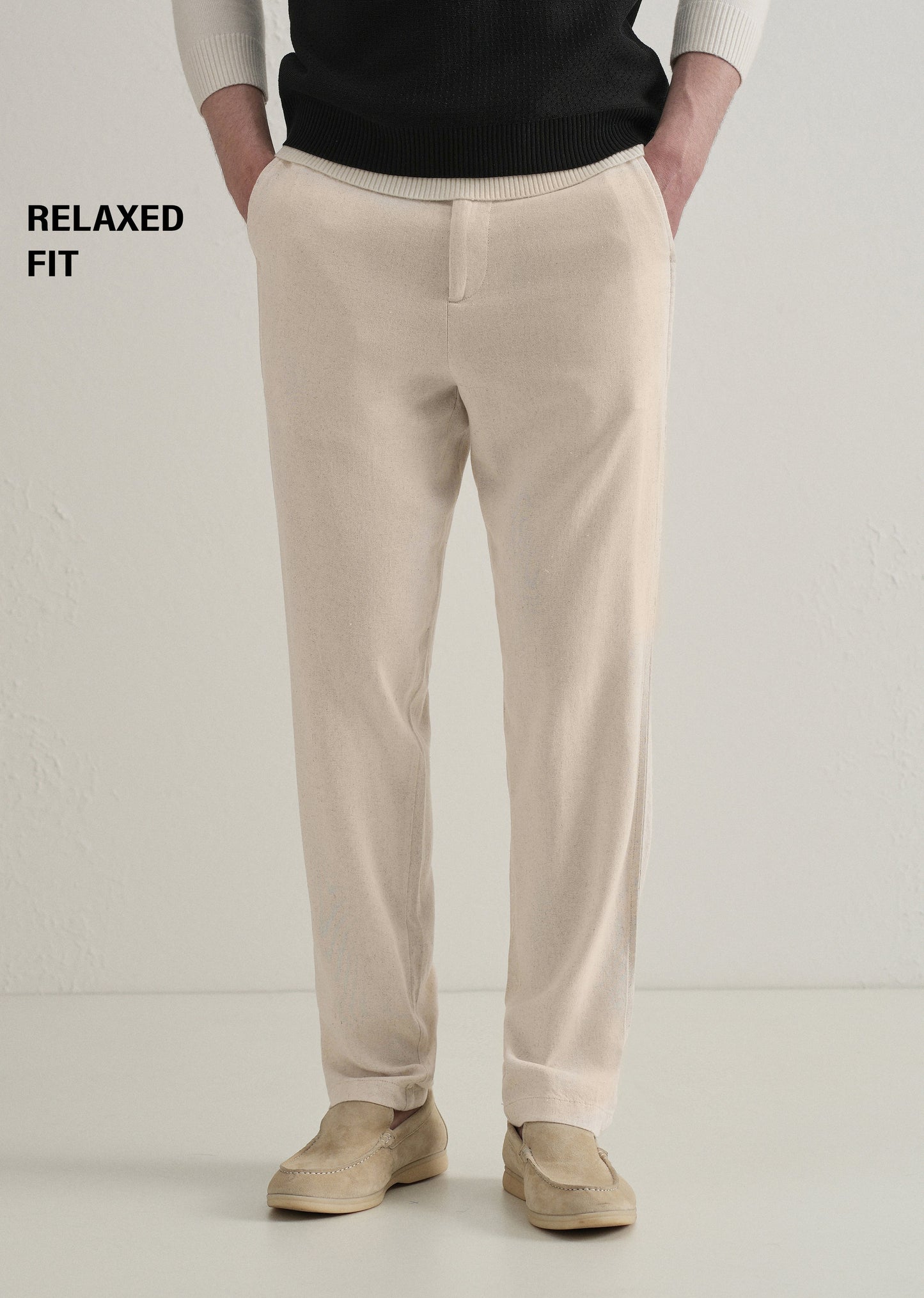 Beige Relaxed Fit Blended Linen Trouser