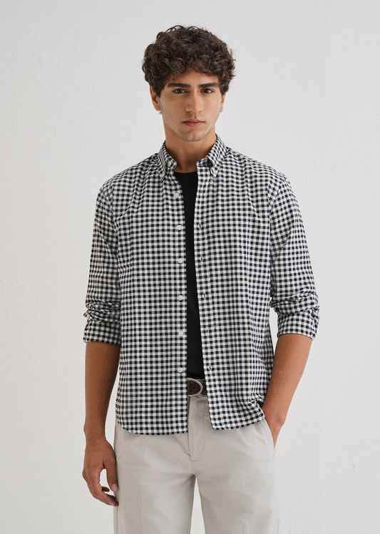 Black Gingham Check Cotton Oxford Shirt