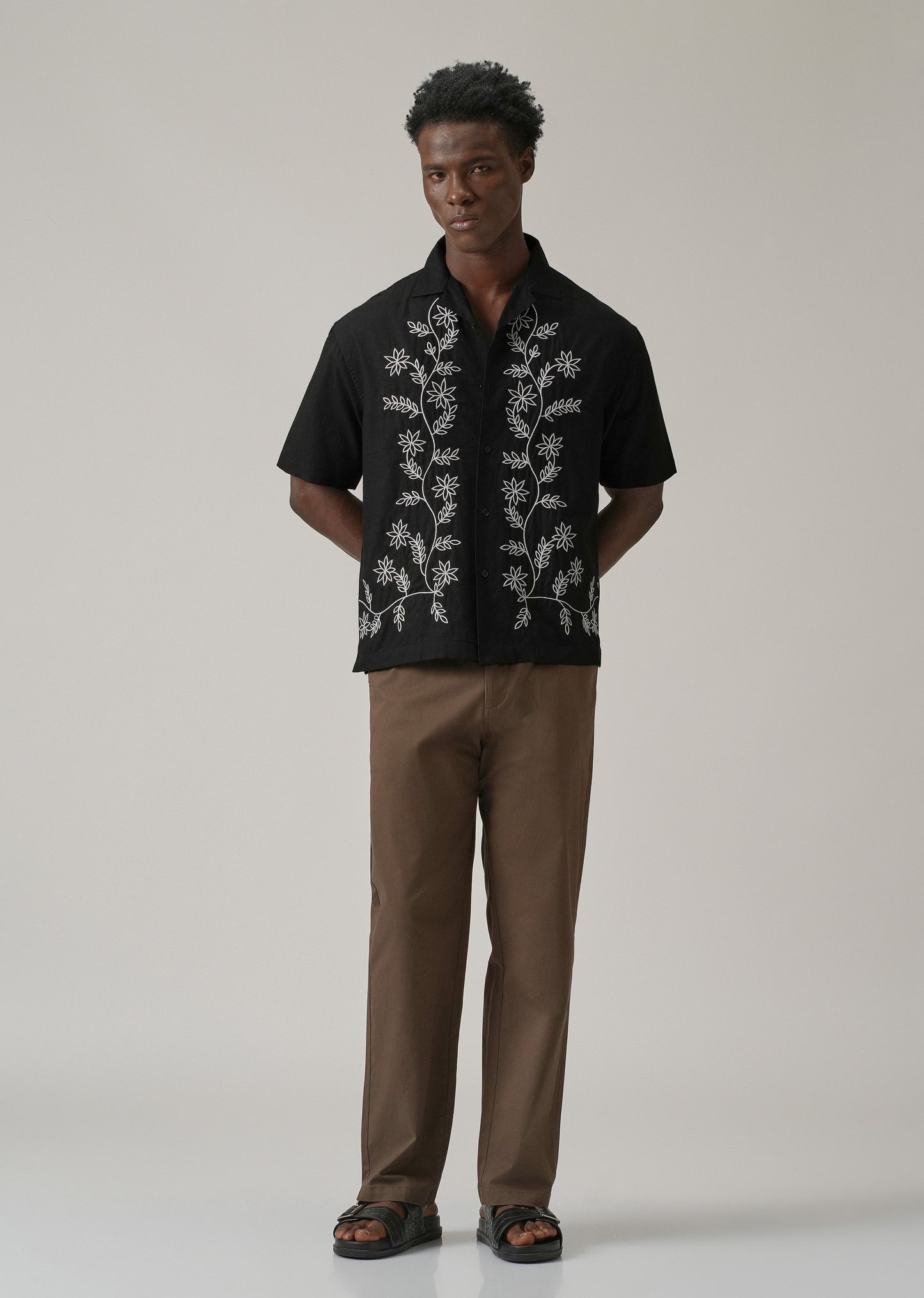 Black Pattern Embroidery Linen Shirt