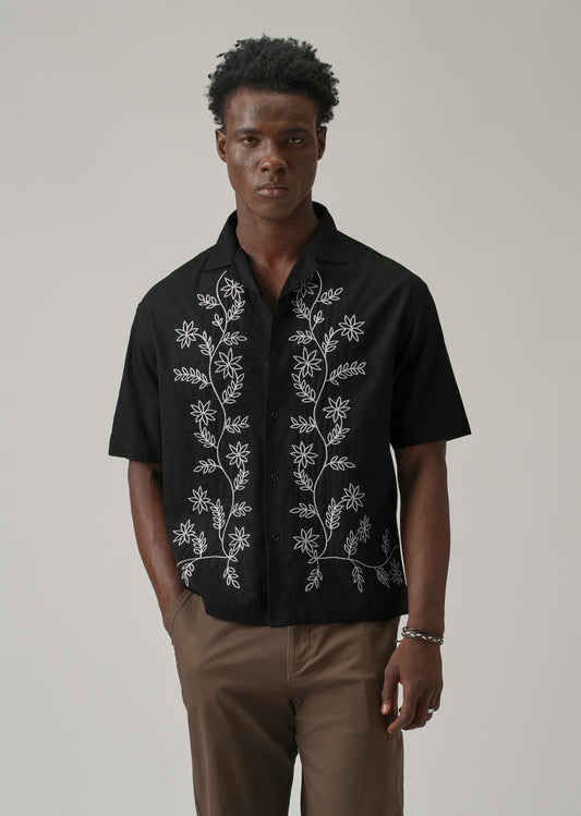 Black Pattern Embroidery Linen Shirt