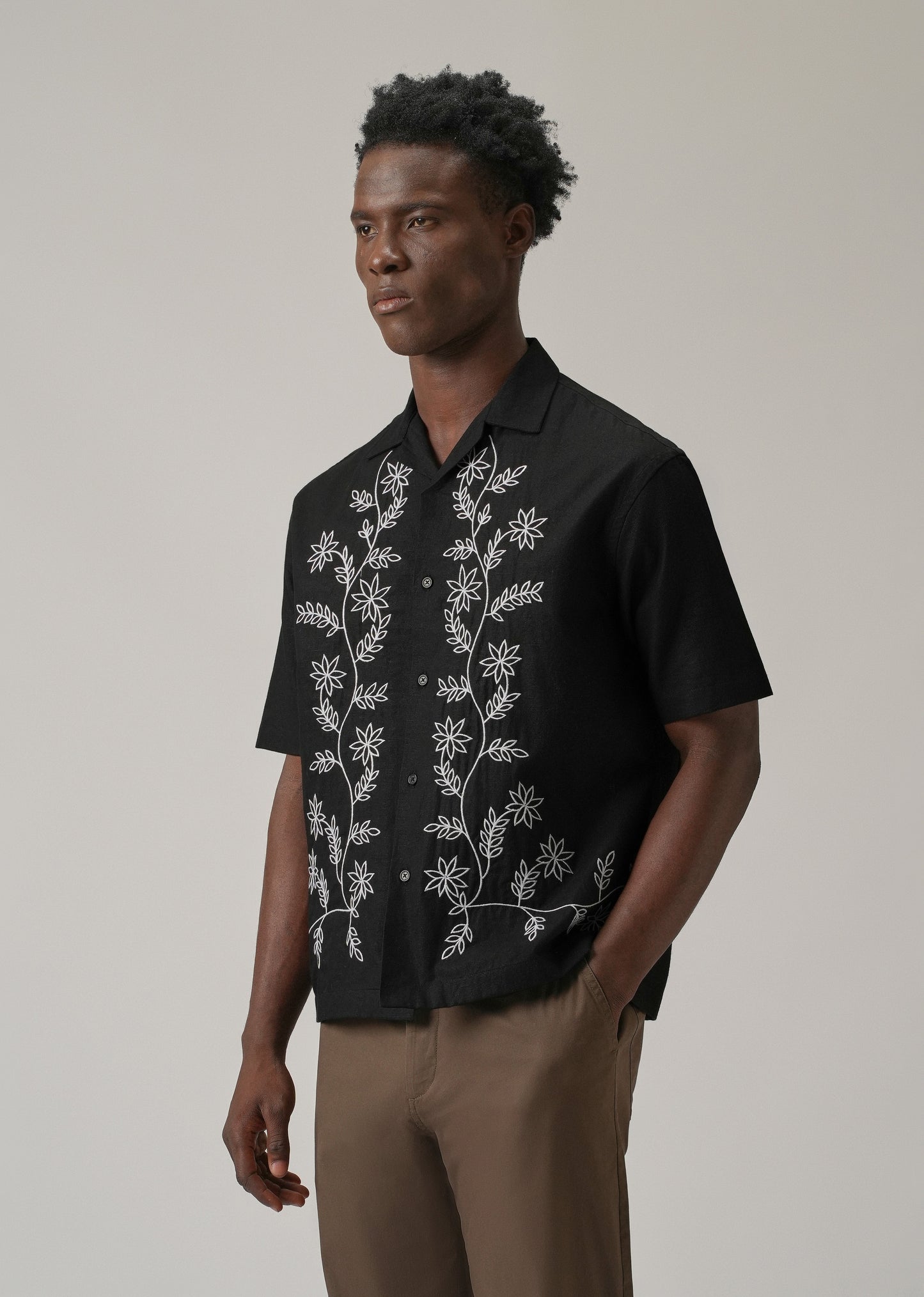 Black Pattern Embroidery Linen Shirt