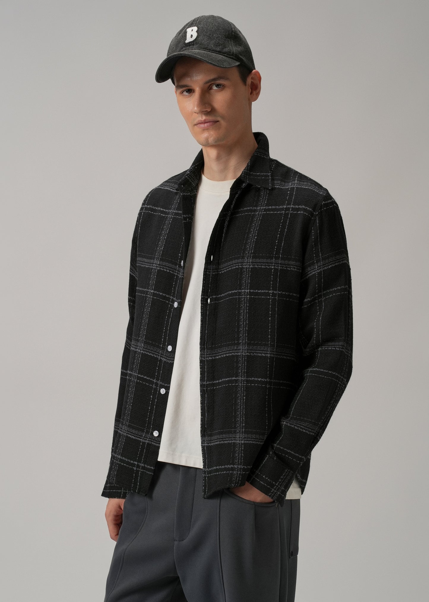 Black Plaid Textured Cotton Check Shirt