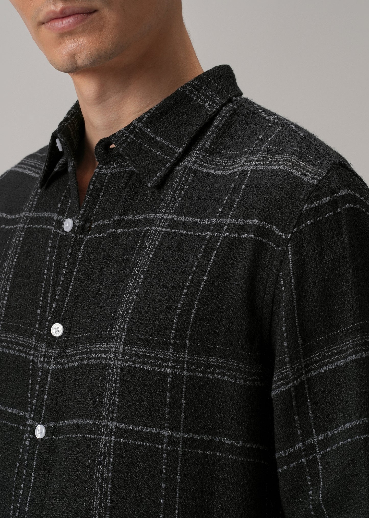 Black Plaid Textured Cotton Check Shirt