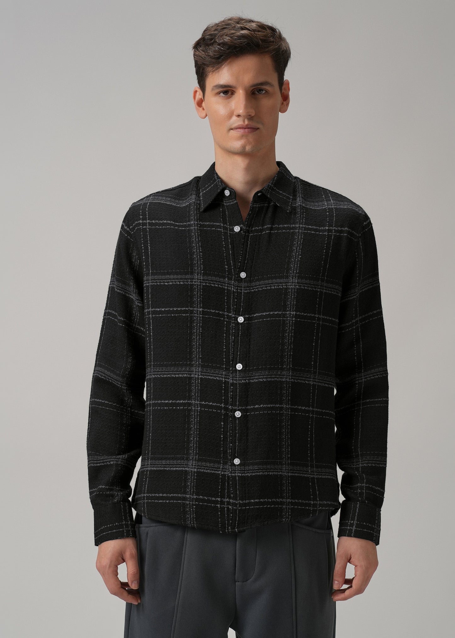 Black Plaid Textured Cotton Check Shirt