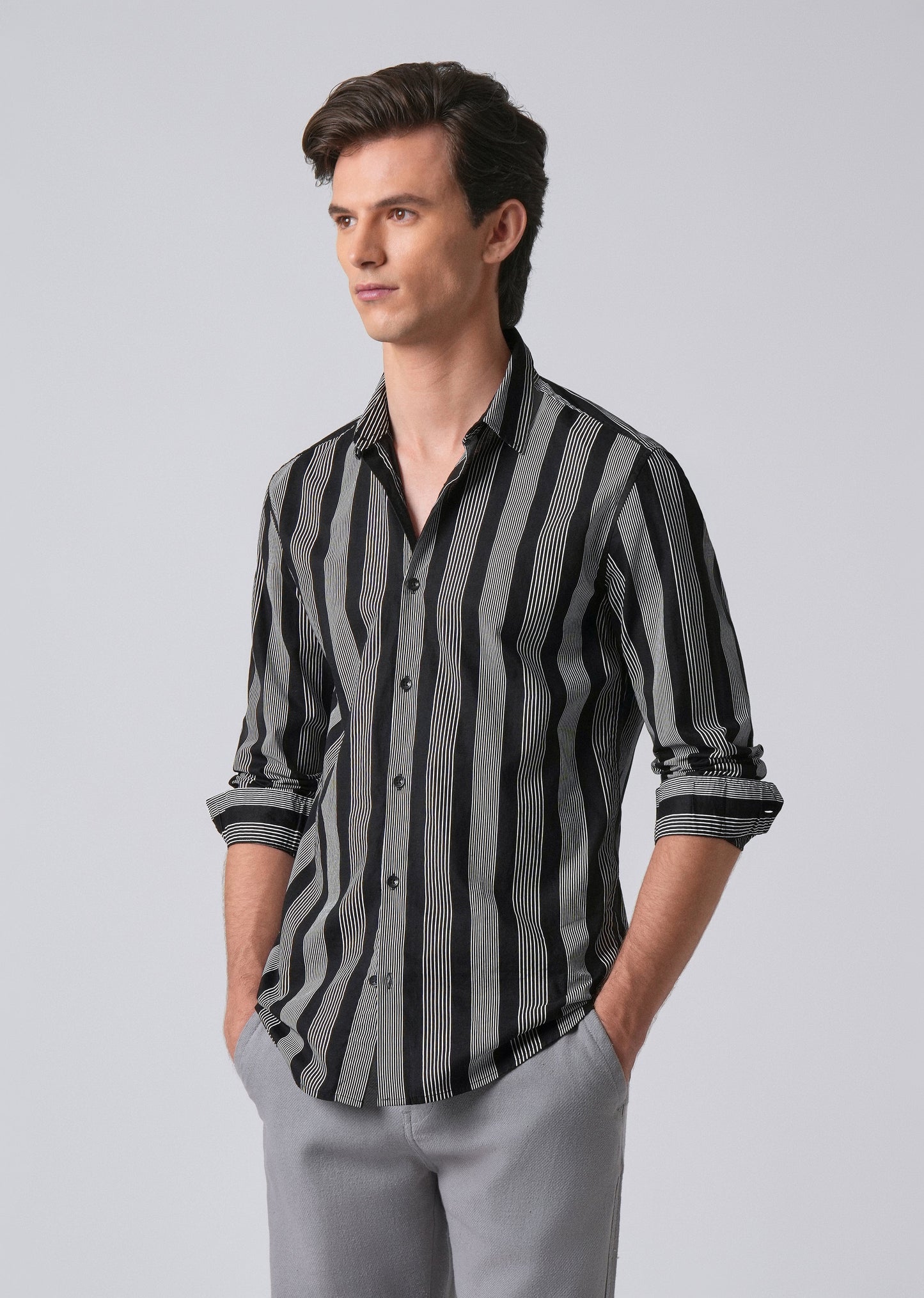Black Vertical Pin Stripe Cotton/Linen Shirt