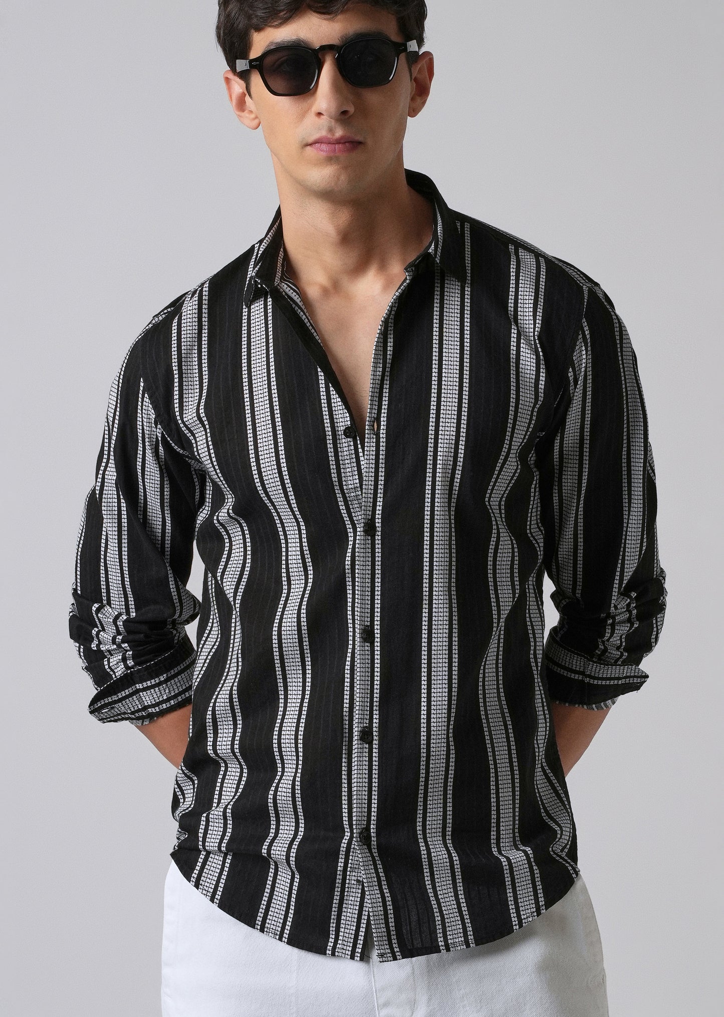 Black Vertical Stripe Cotton/Linen Shirt