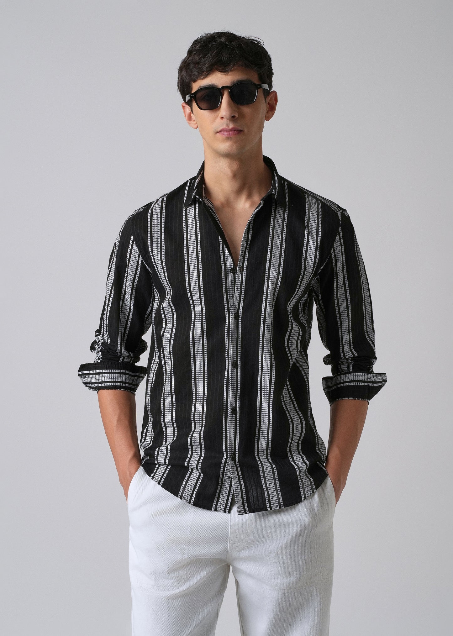 Black Vertical Stripe Cotton/Linen Shirt