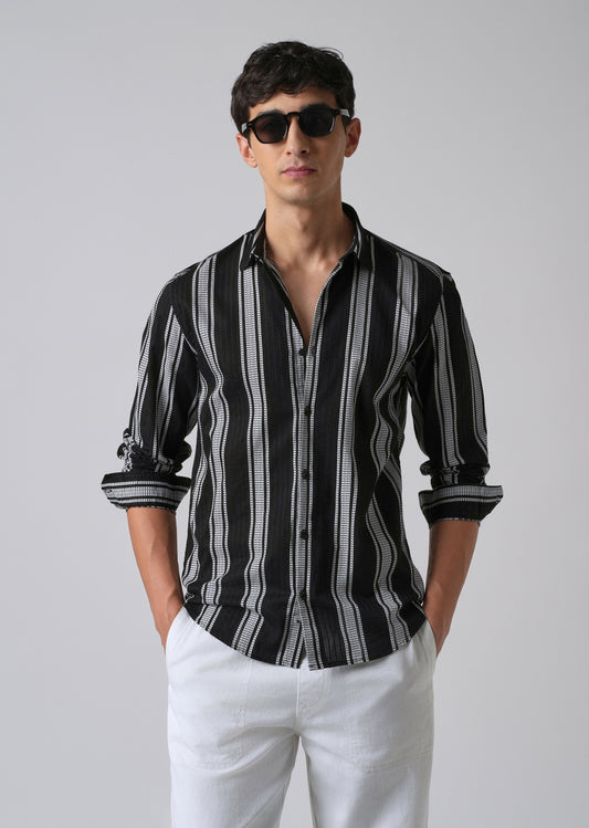 Black Vertical Stripe Cotton/Linen Shirt