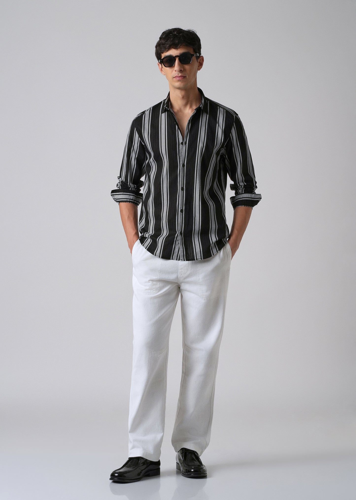 Black Vertical Stripe Cotton/Linen Shirt