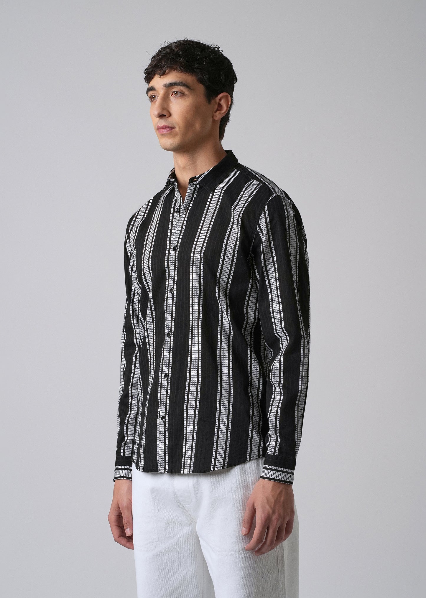 Black Vertical Stripe Cotton/Linen Shirt