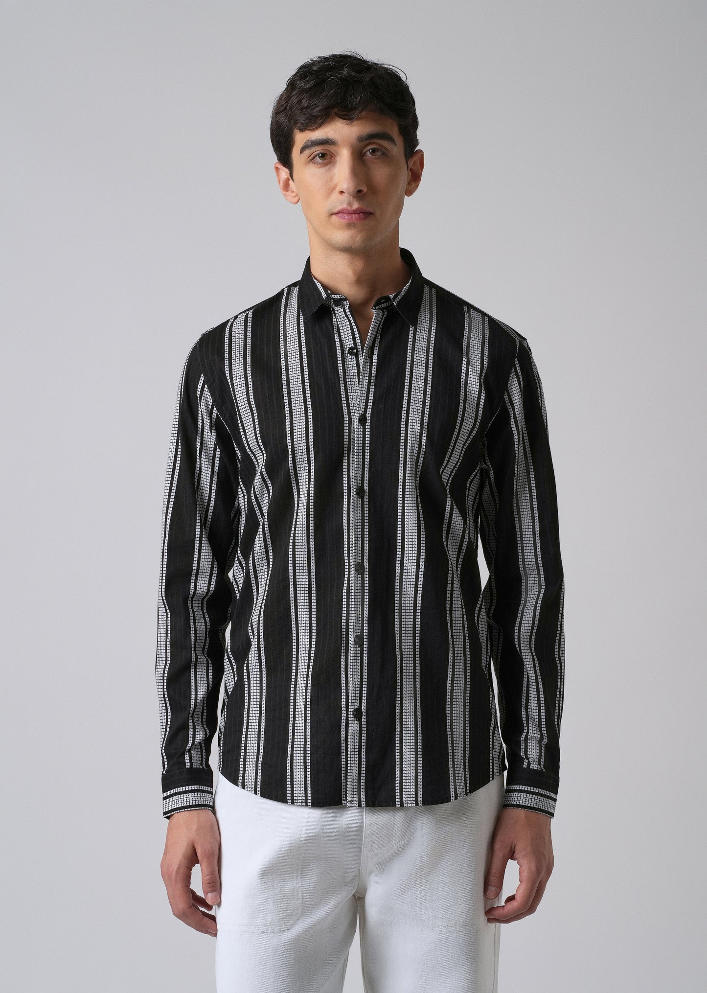 Black Vertical Stripe Cotton/Linen Shirt