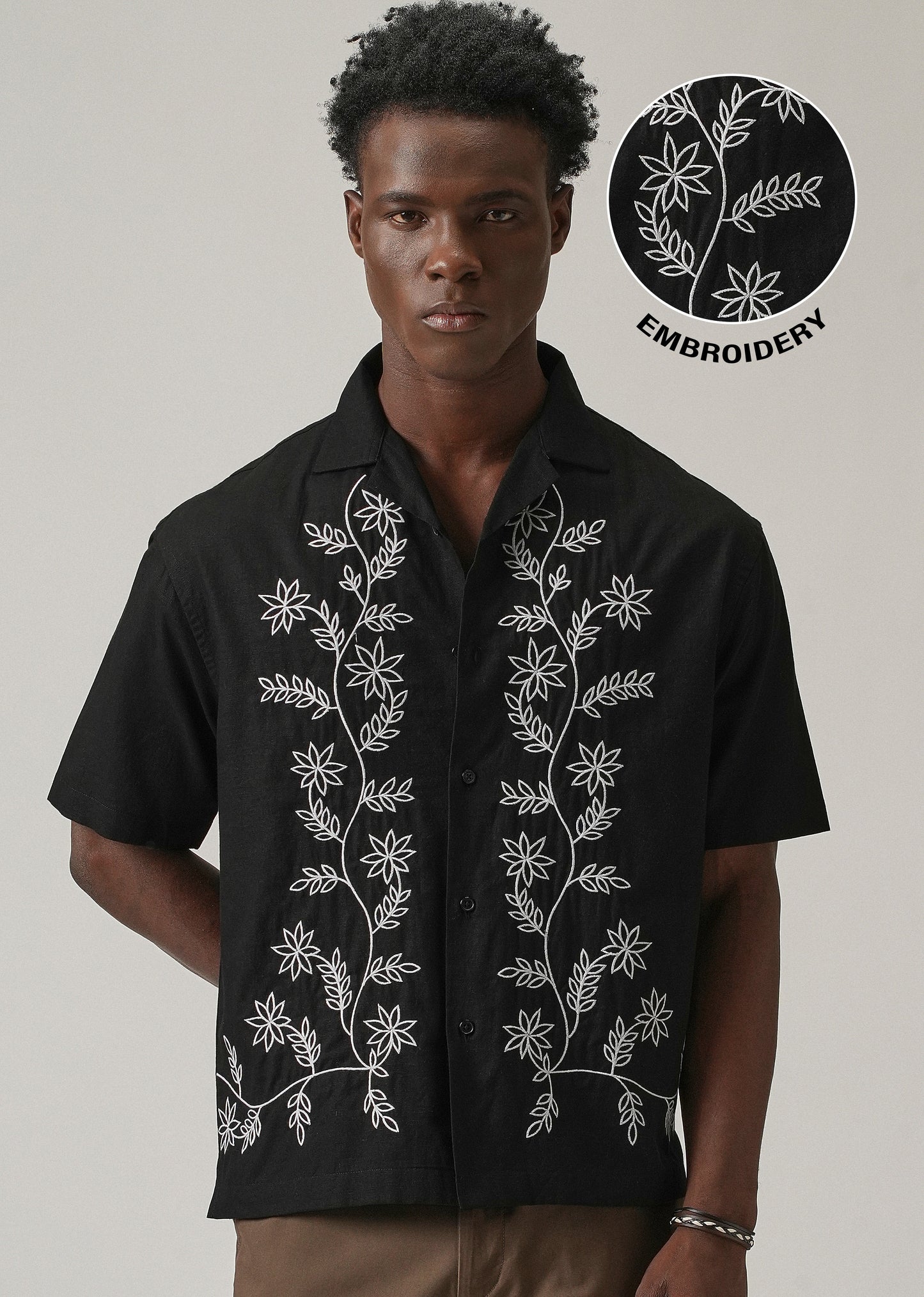 Black Pattern Embroidery Linen Shirt