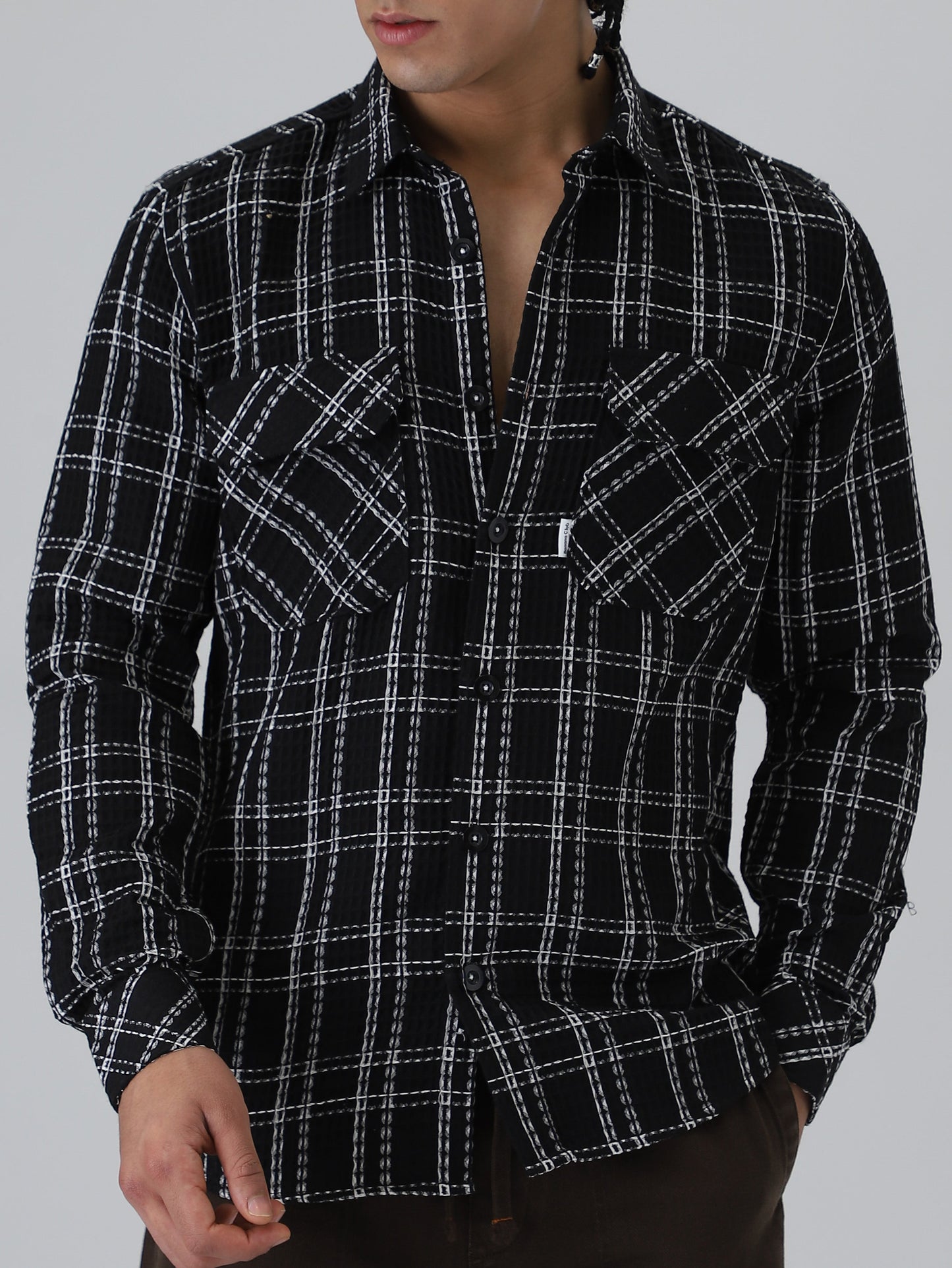 Black Waffle Plaid Check Shirt