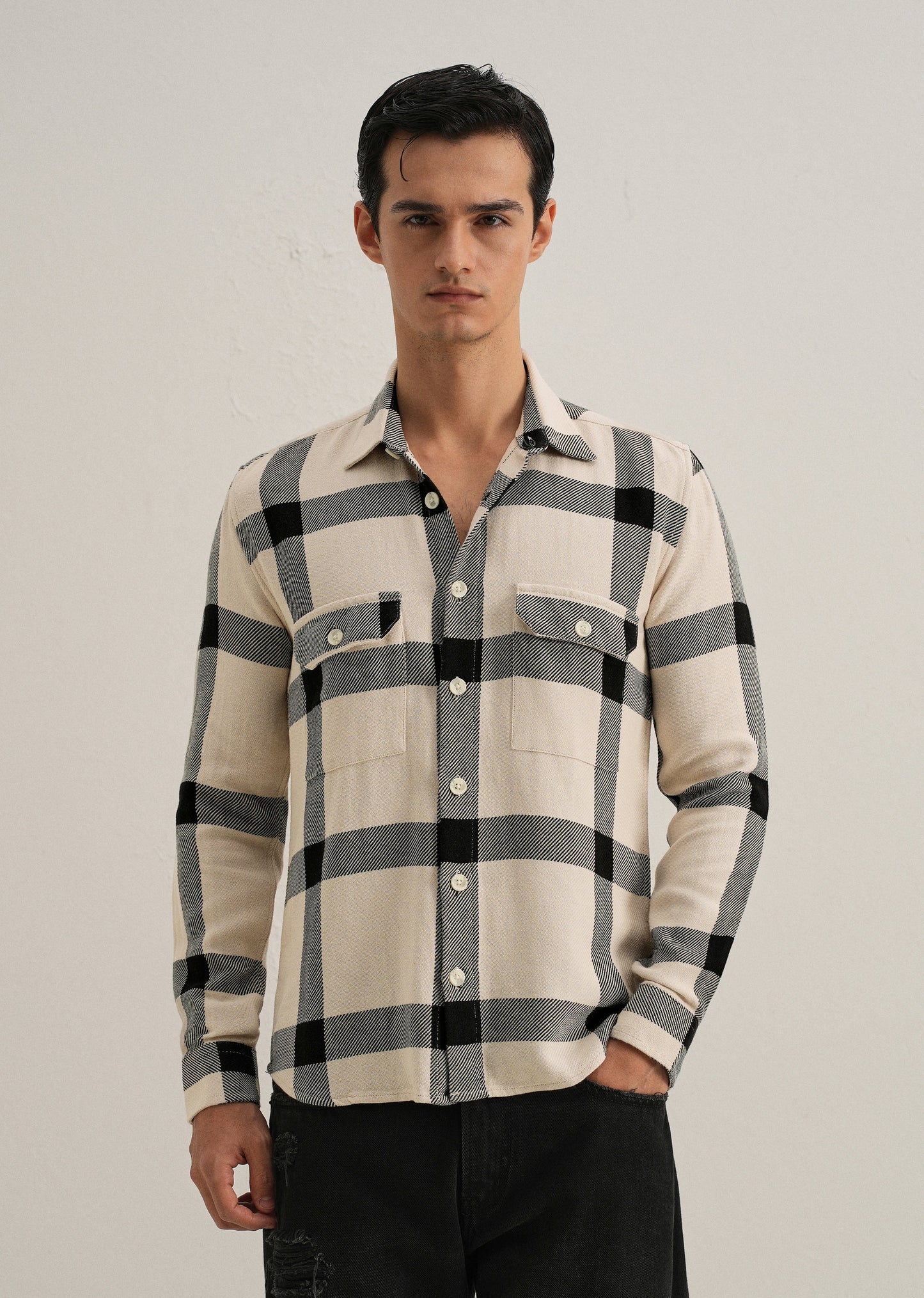 Black & White Brushed Cotton Check Shirt