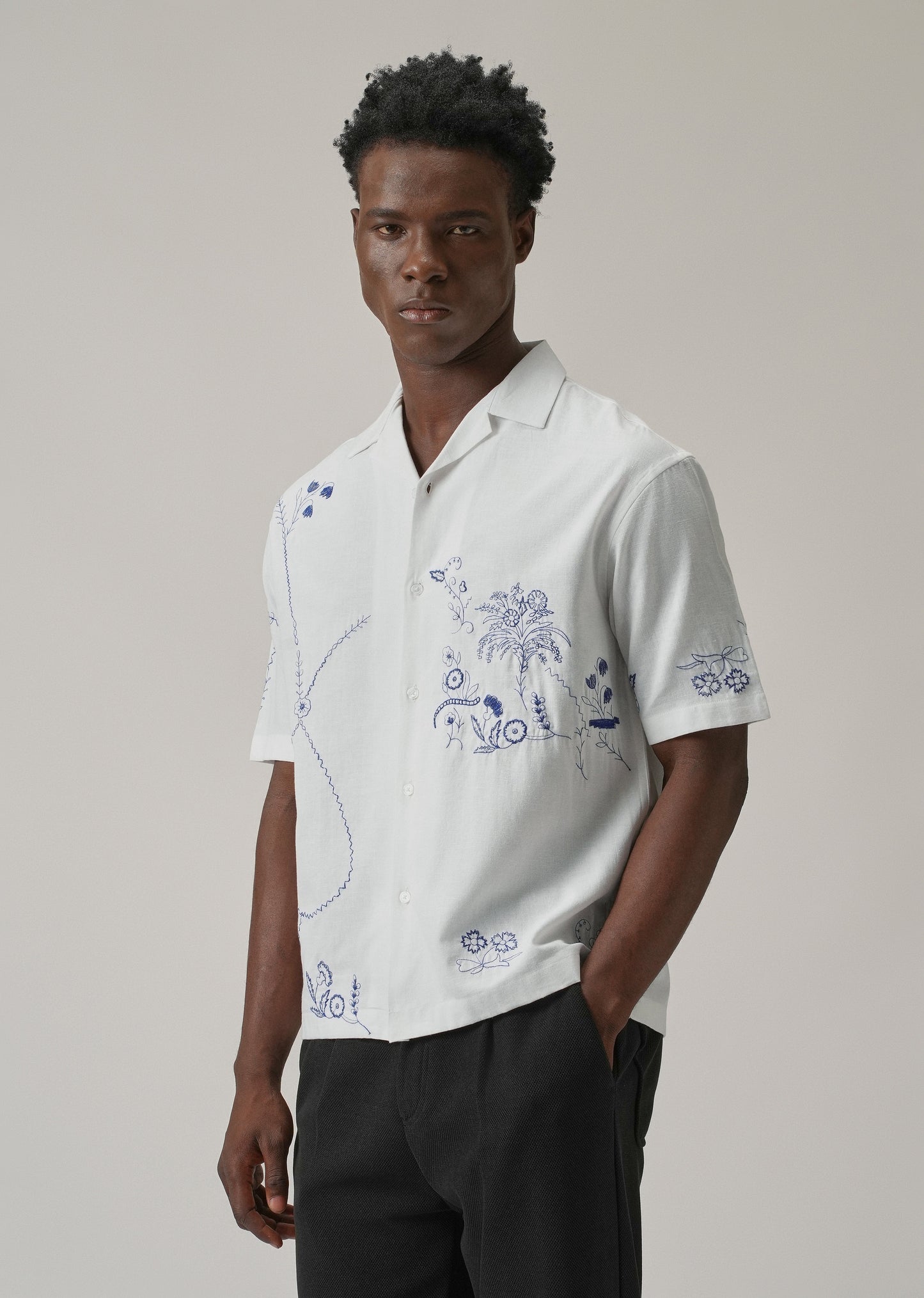 Blue Floral Embroidery Linen Shirt