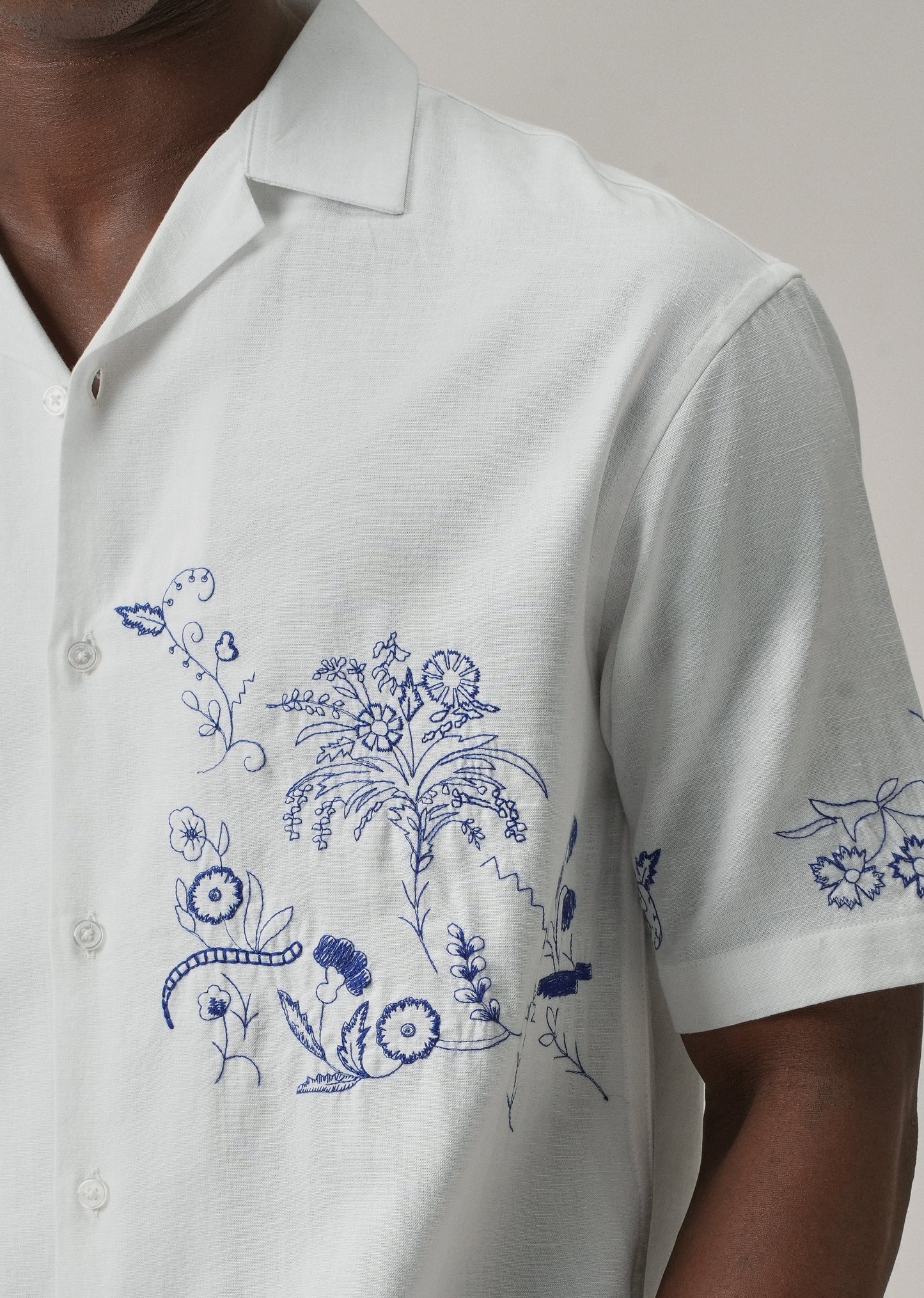 Blue Floral Embroidery Linen Shirt