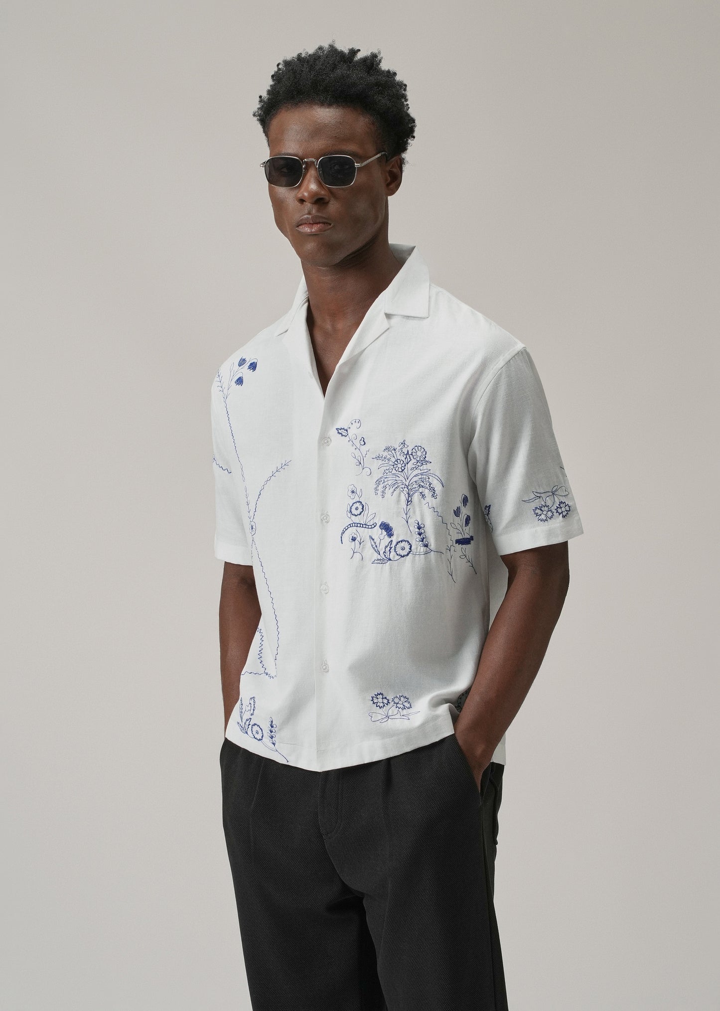 Blue Floral Embroidery Linen Shirt