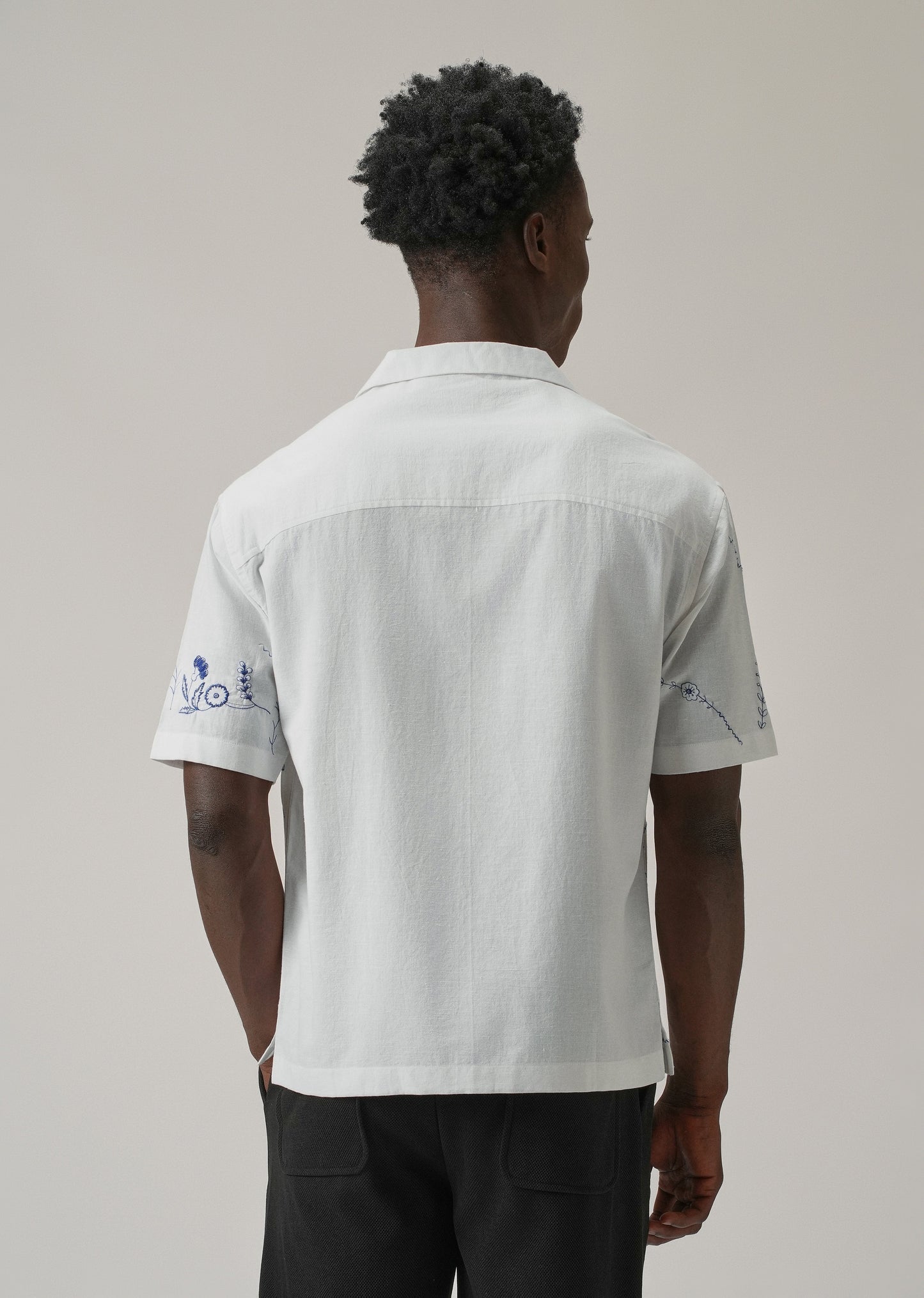 Blue Floral Embroidery Linen Shirt