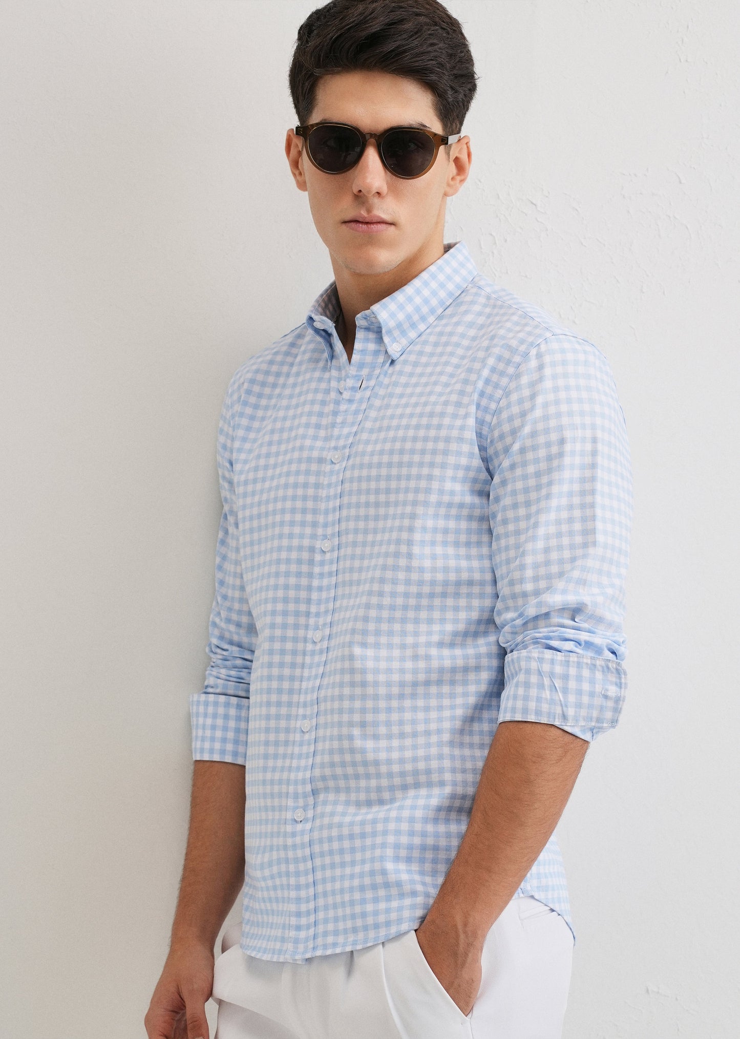 Blue Gingham Check Cotton Oxford Shirt