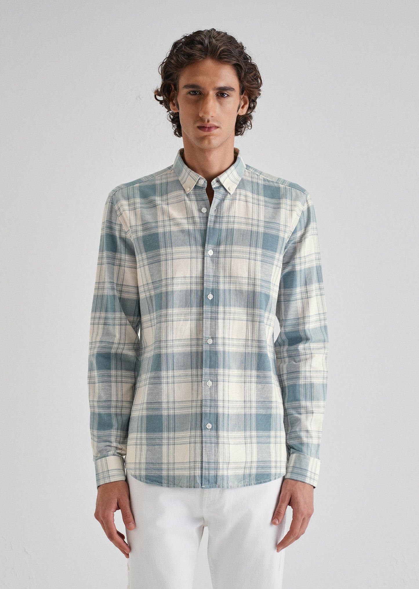 Blue Plaid Checked Cotton Linen Shirt