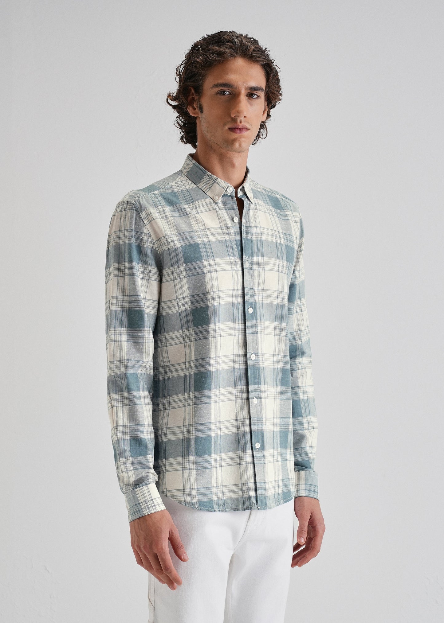 Blue Plaid Checked Cotton Linen Shirt