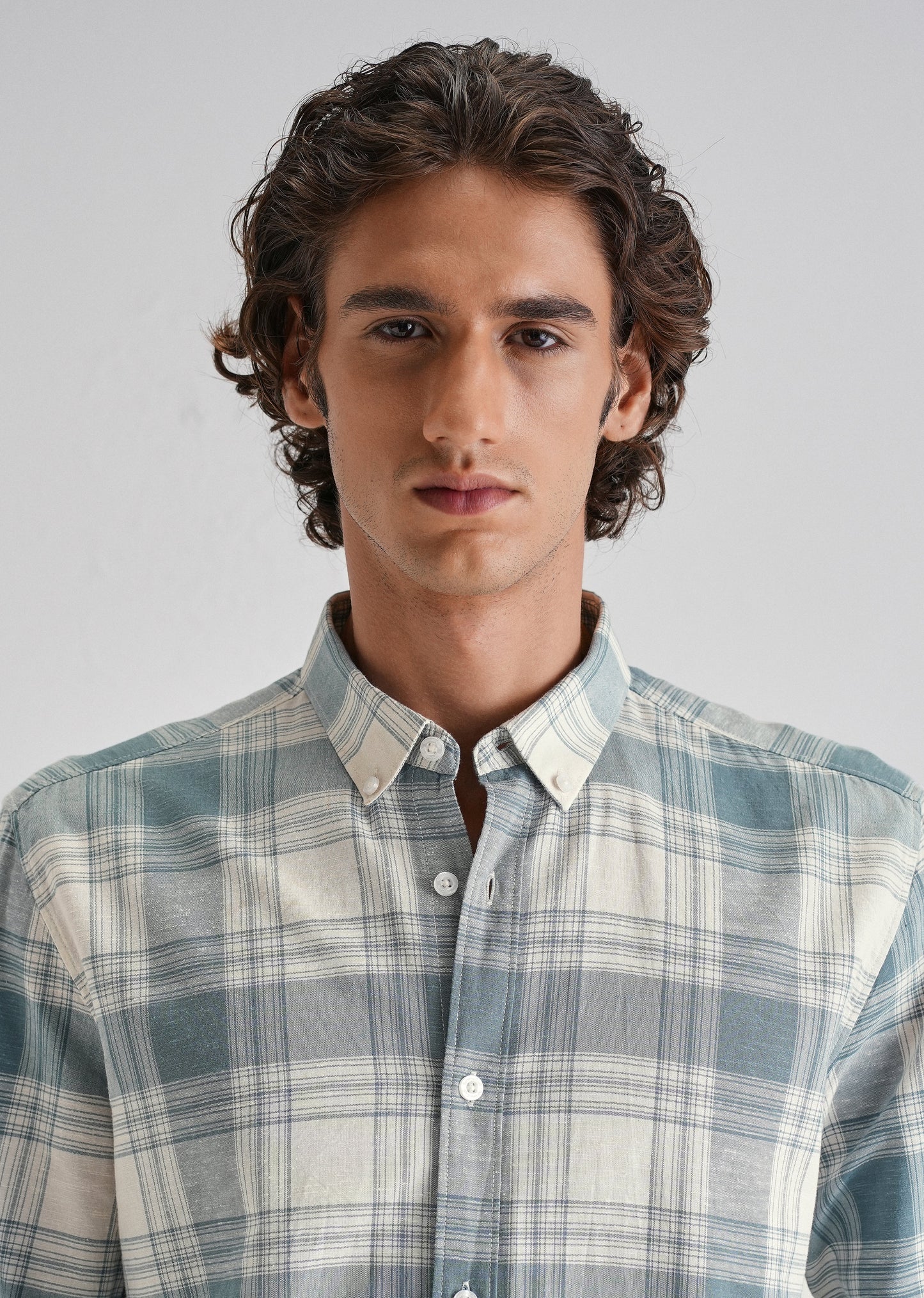 Blue Plaid Checked Cotton Linen Shirt