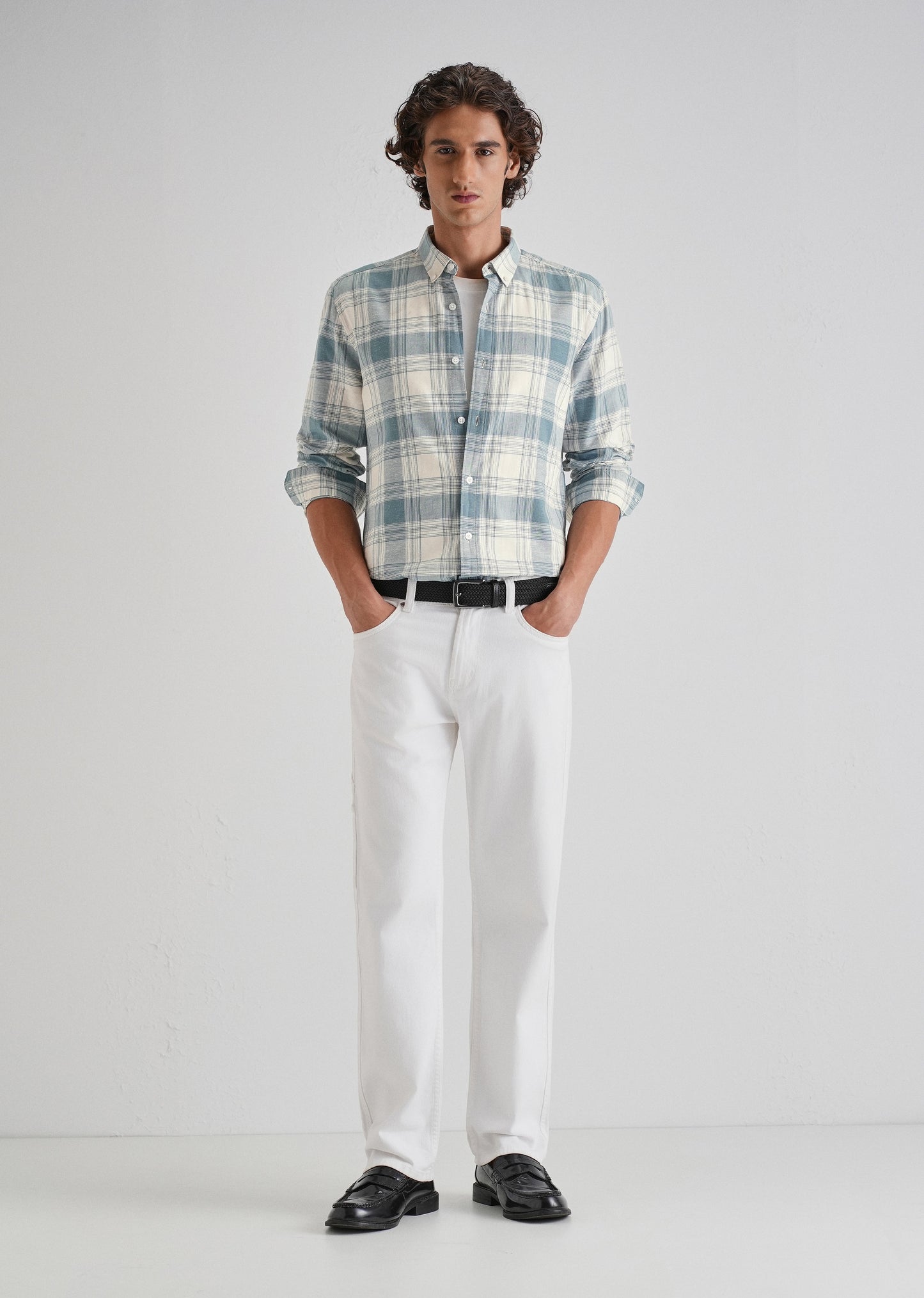 Blue Plaid Checked Cotton Linen Shirt