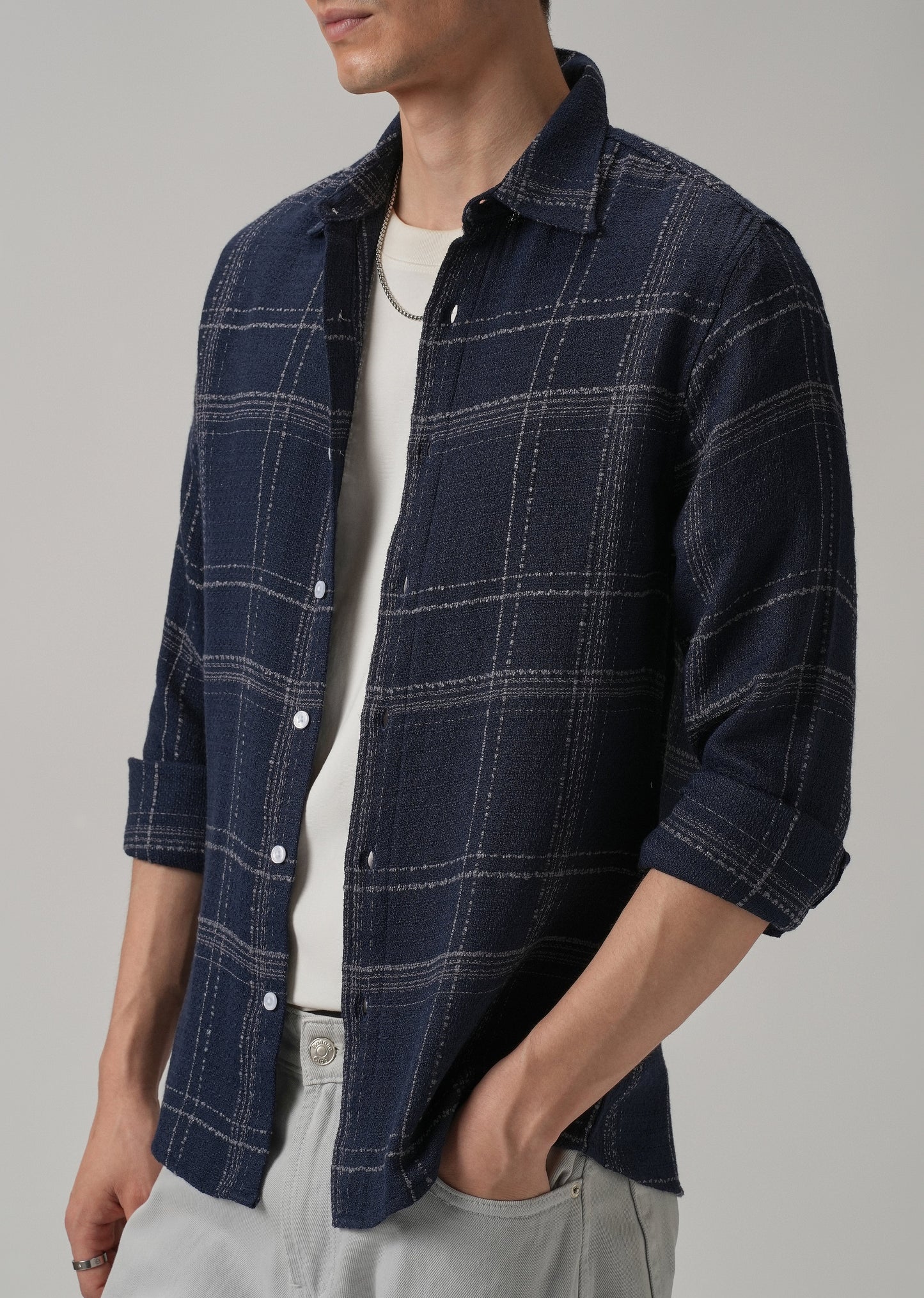Blue Plaid Textured Cotton Check Shirt